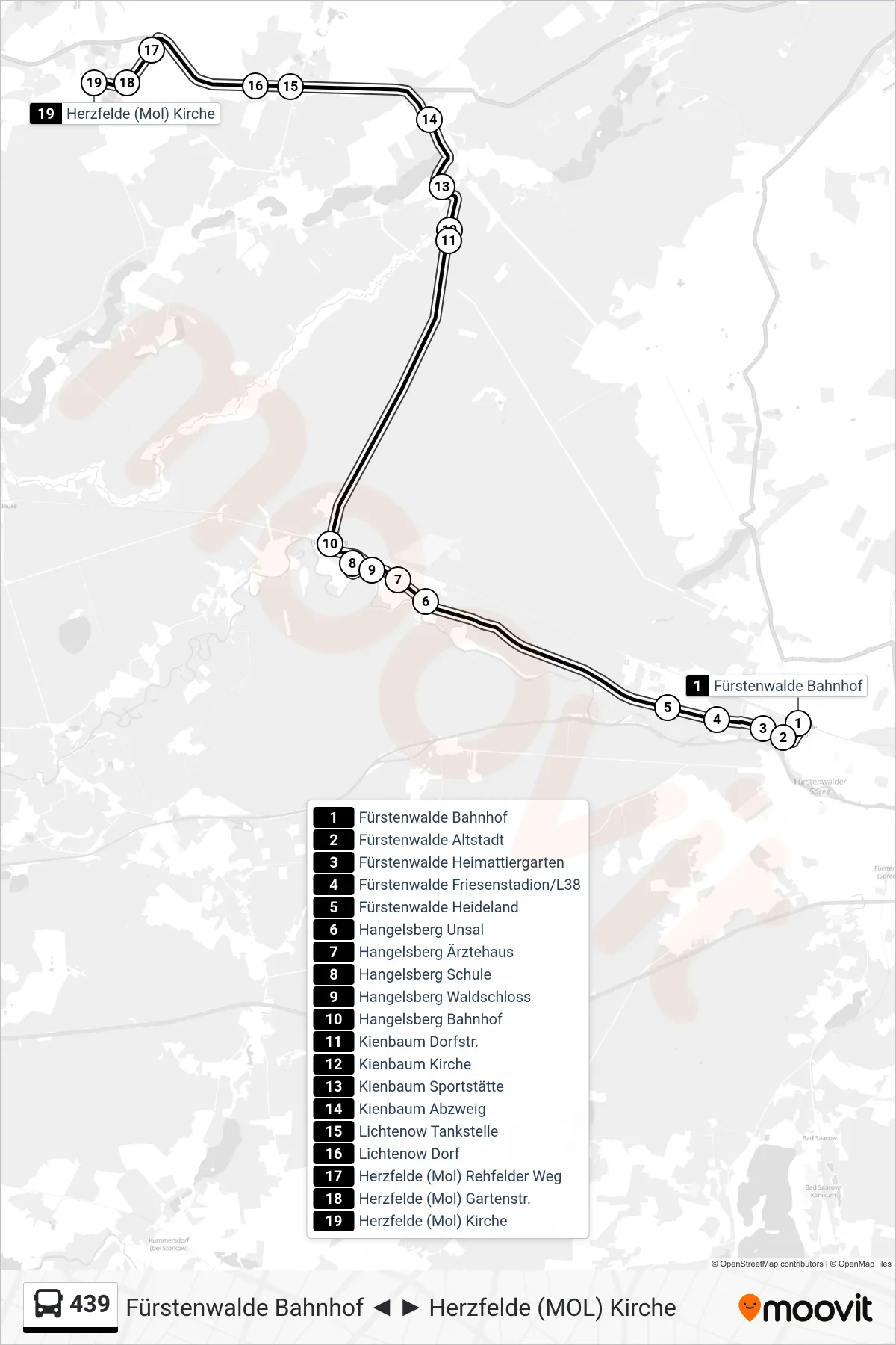 Linie 439 (Bus) Richtung Herzfelde (Mol) Kirche: Route und Haltestellen auf der Karte