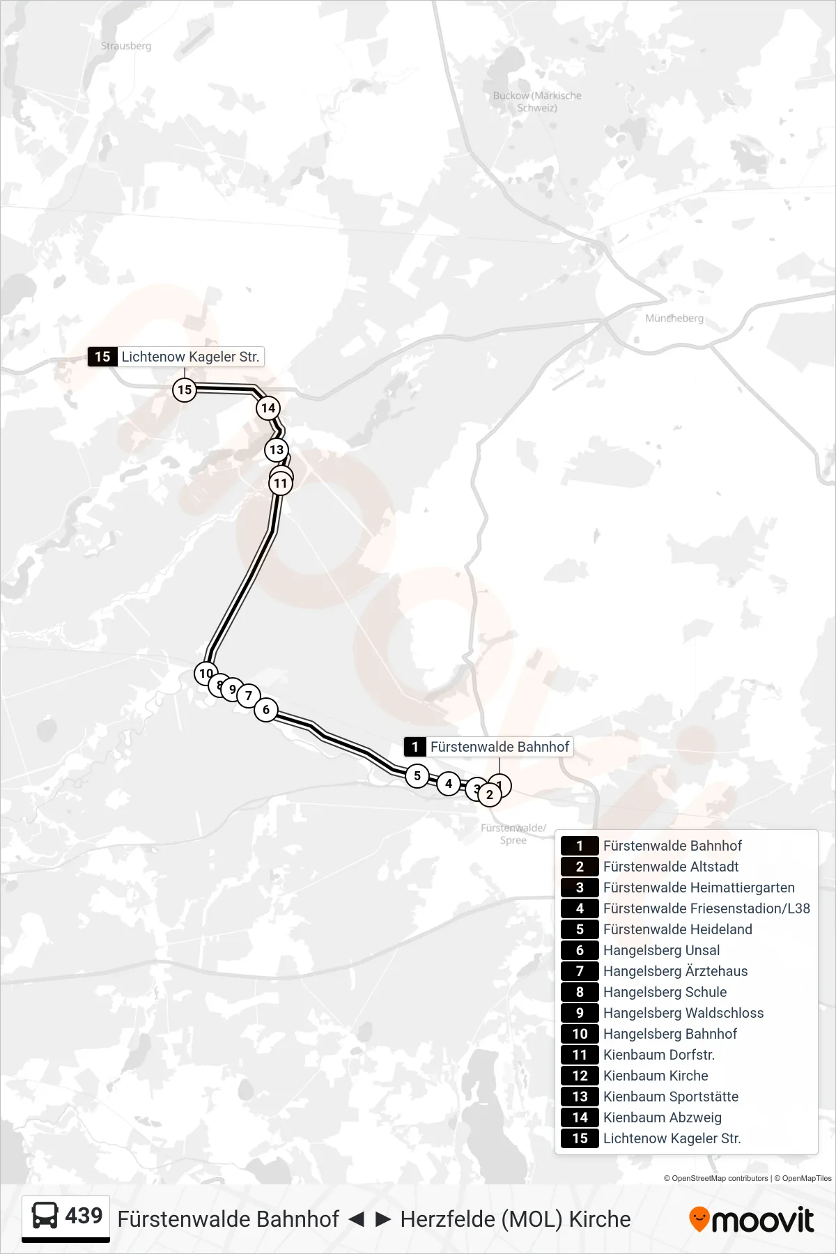 Linie 439 (Bus) Richtung Lichtenow Kageler Str.: Route und Haltestellen auf der Karte