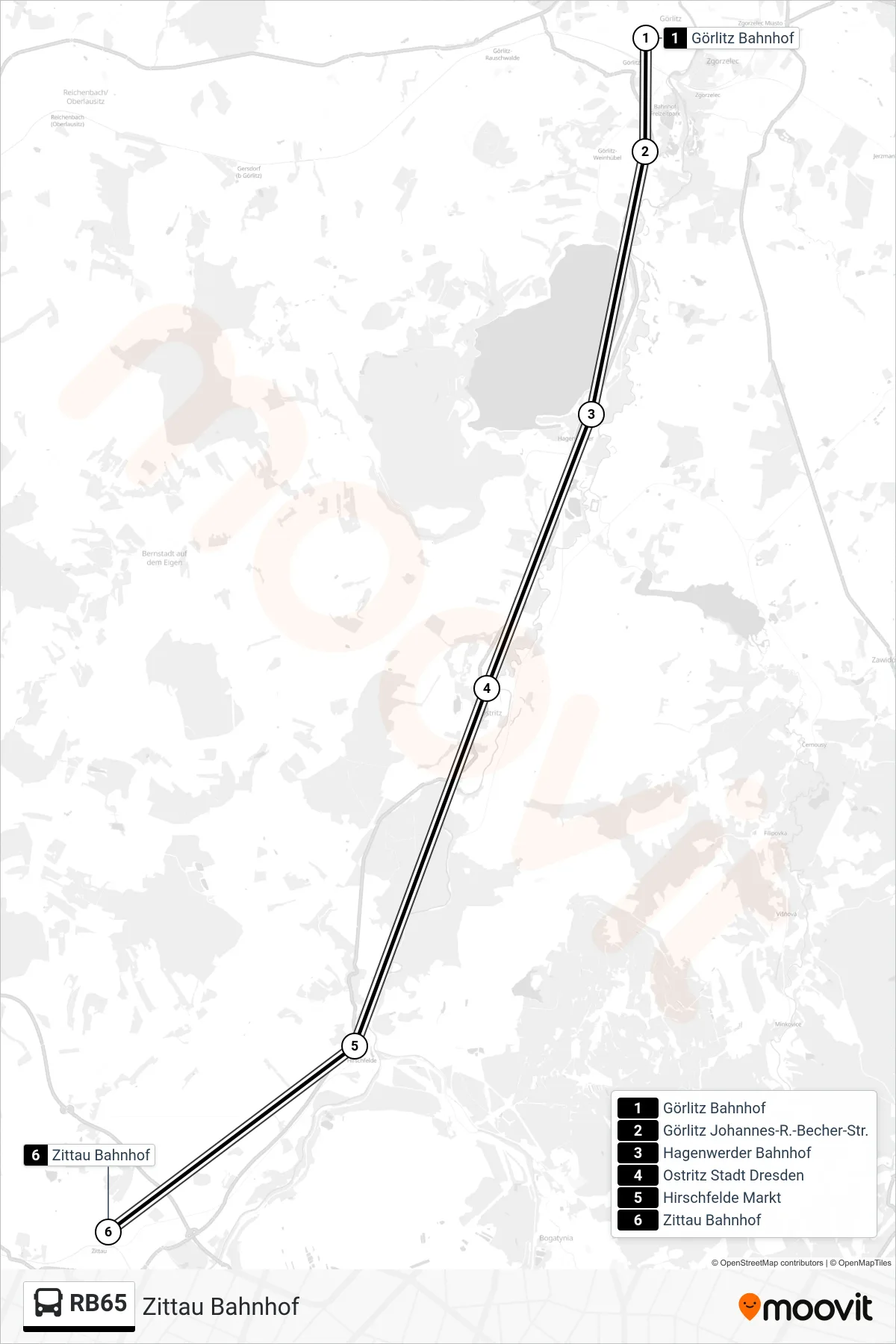 RB65 bus Line (Zittau Bahnhof) route and stops on a map