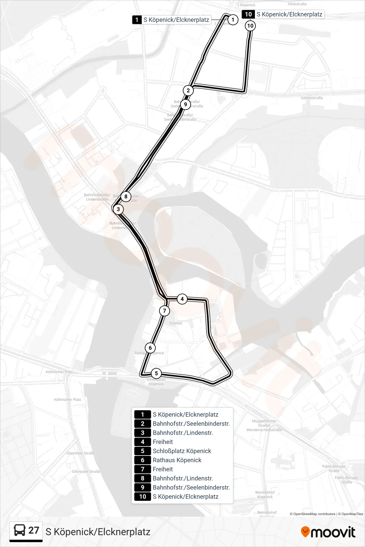 Linie 27 (Bus) Richtung S Köpenick/Elcknerplatz: Route und Haltestellen auf der Karte