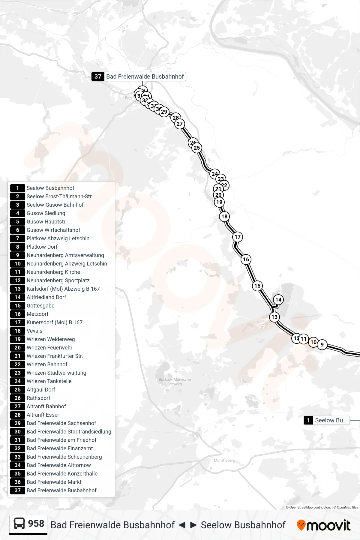 Linie 958 (Bus) Richtung Bad Freienwalde Busbahnhof: Route und Haltestellen auf der Karte