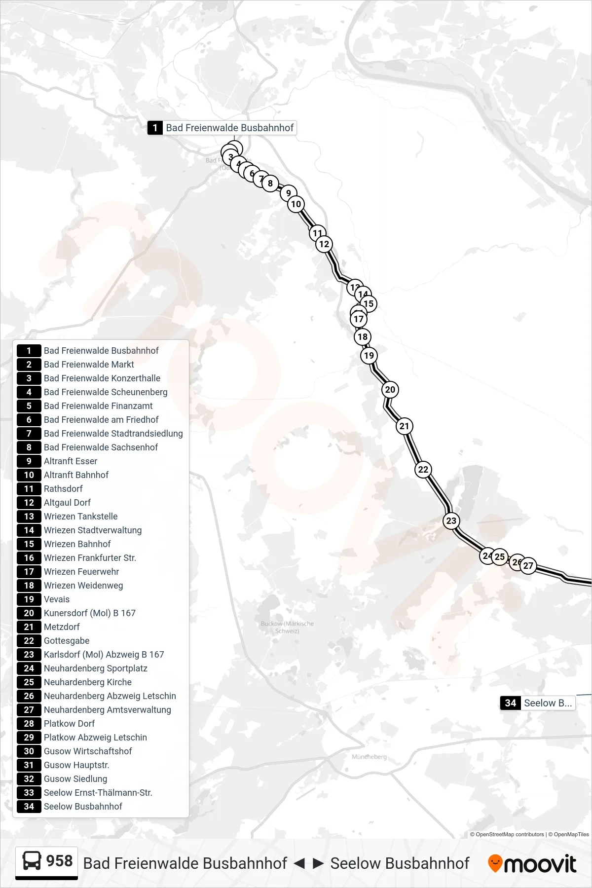 Linie 958 (Bus) Richtung Seelow Busbahnhof: Route und Haltestellen auf der Karte