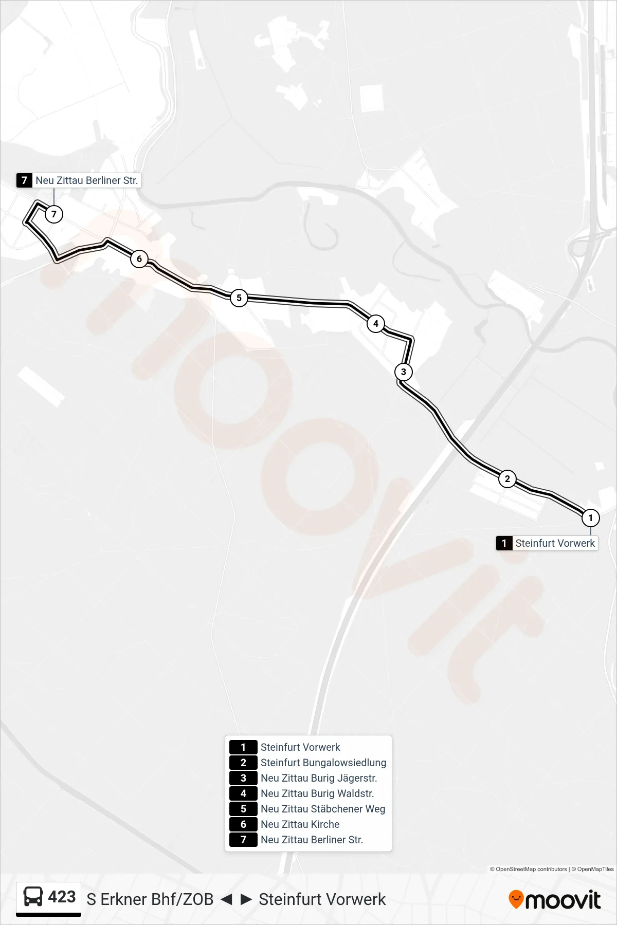 Linie 423 (Bus) Richtung Neu Zittau Berliner Str.: Route und Haltestellen auf der Karte