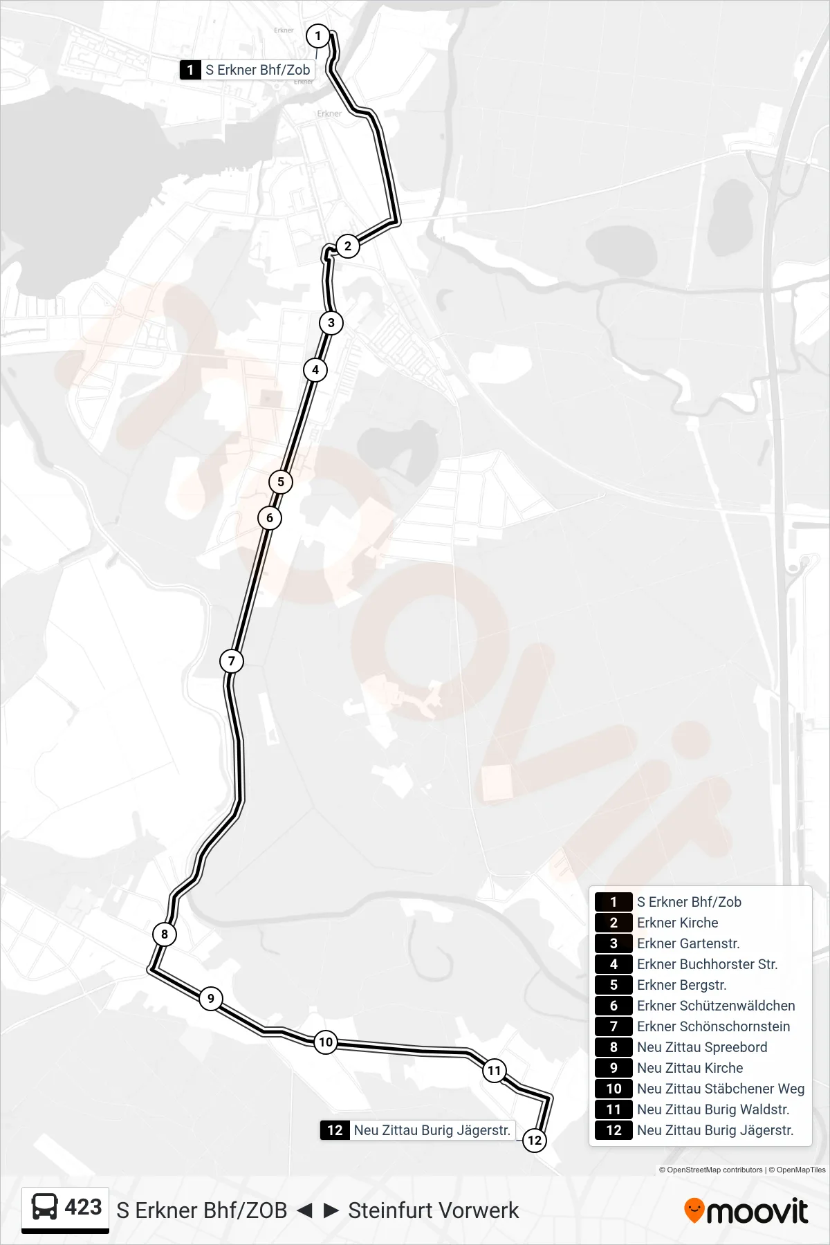 423 bus Line (Neu Zittau Burig Jägerstr.) route and stops on a map