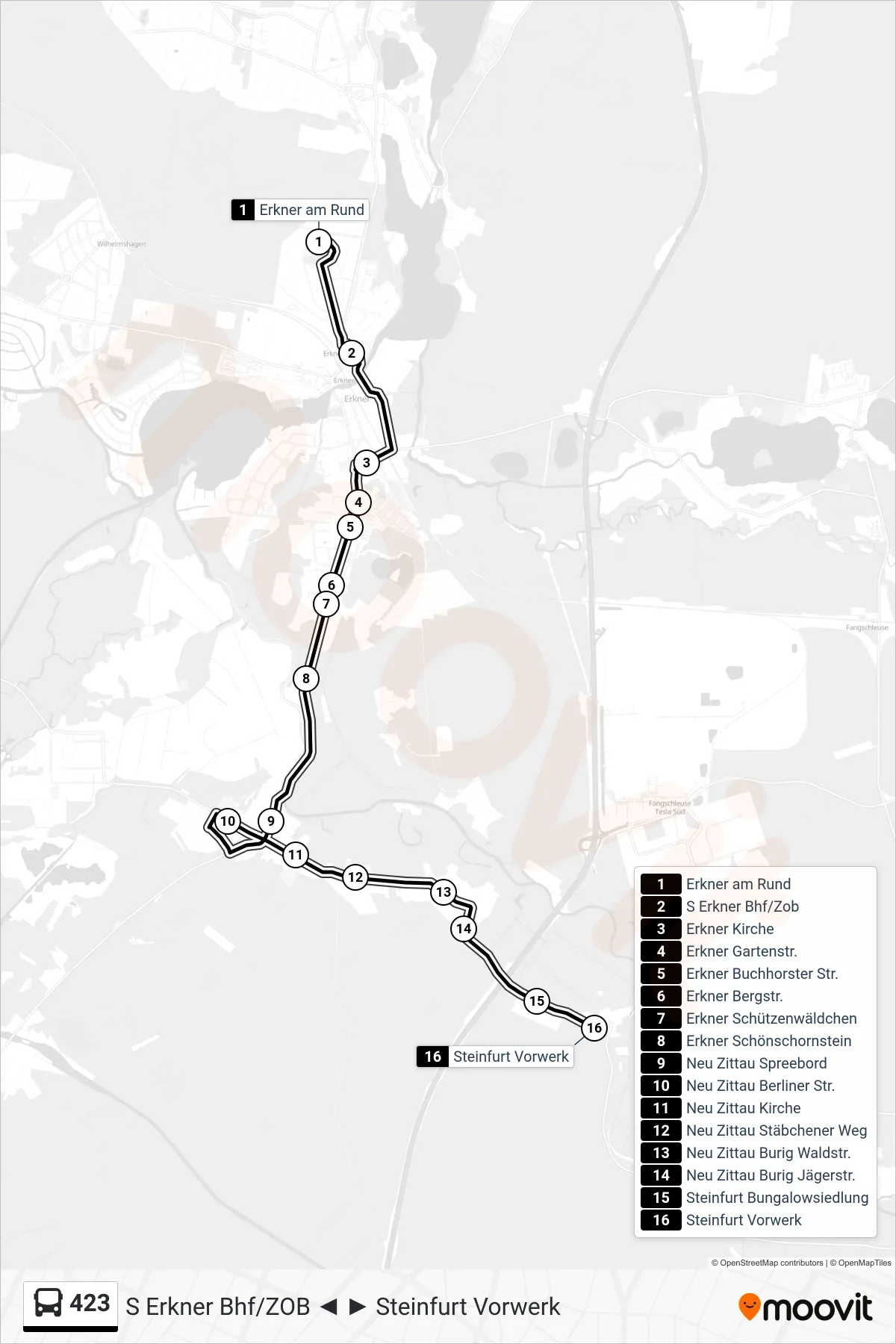 423 bus Line (Steinfurt Vorwerk) route and stops on a map
