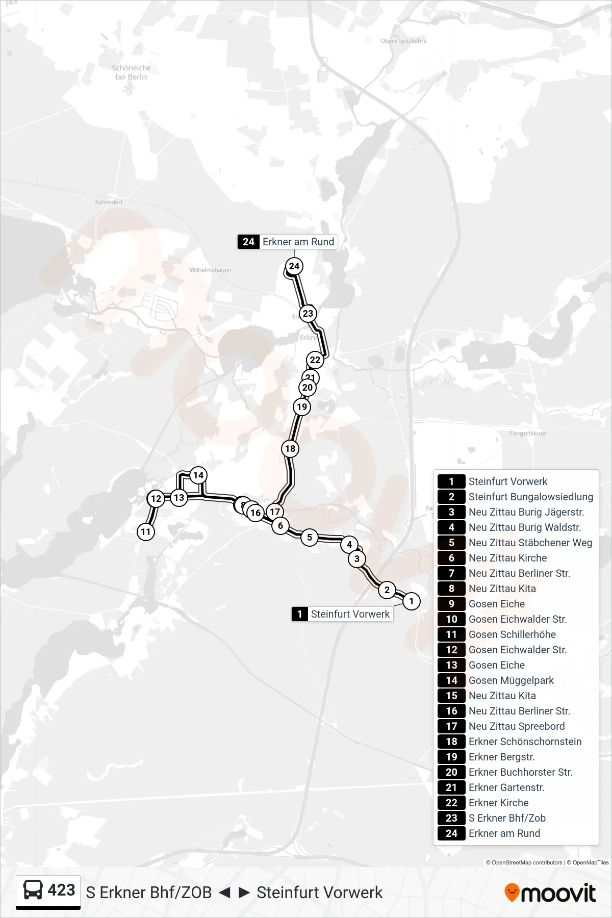 Linie 423 (Bus) Richtung Erkner am Rund: Route und Haltestellen auf der Karte
