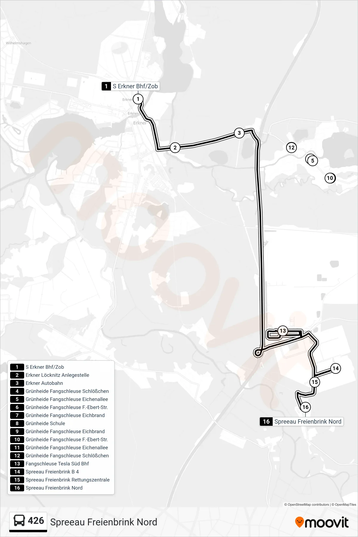 426 bus Line (Spreeau Freienbrink Nord) route and stops on a map