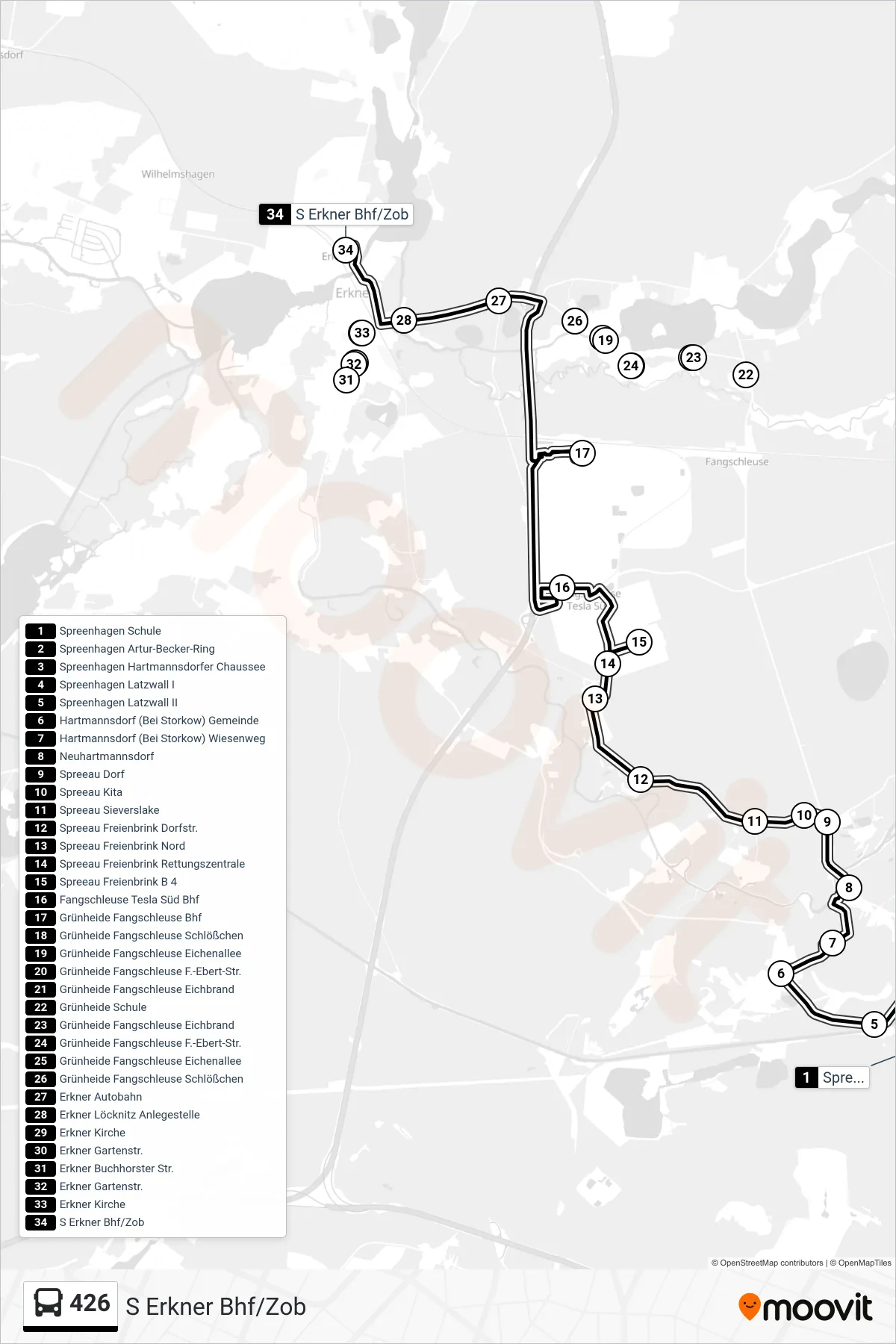 426 bus Line (S Erkner Bhf/Zob) route and stops on a map