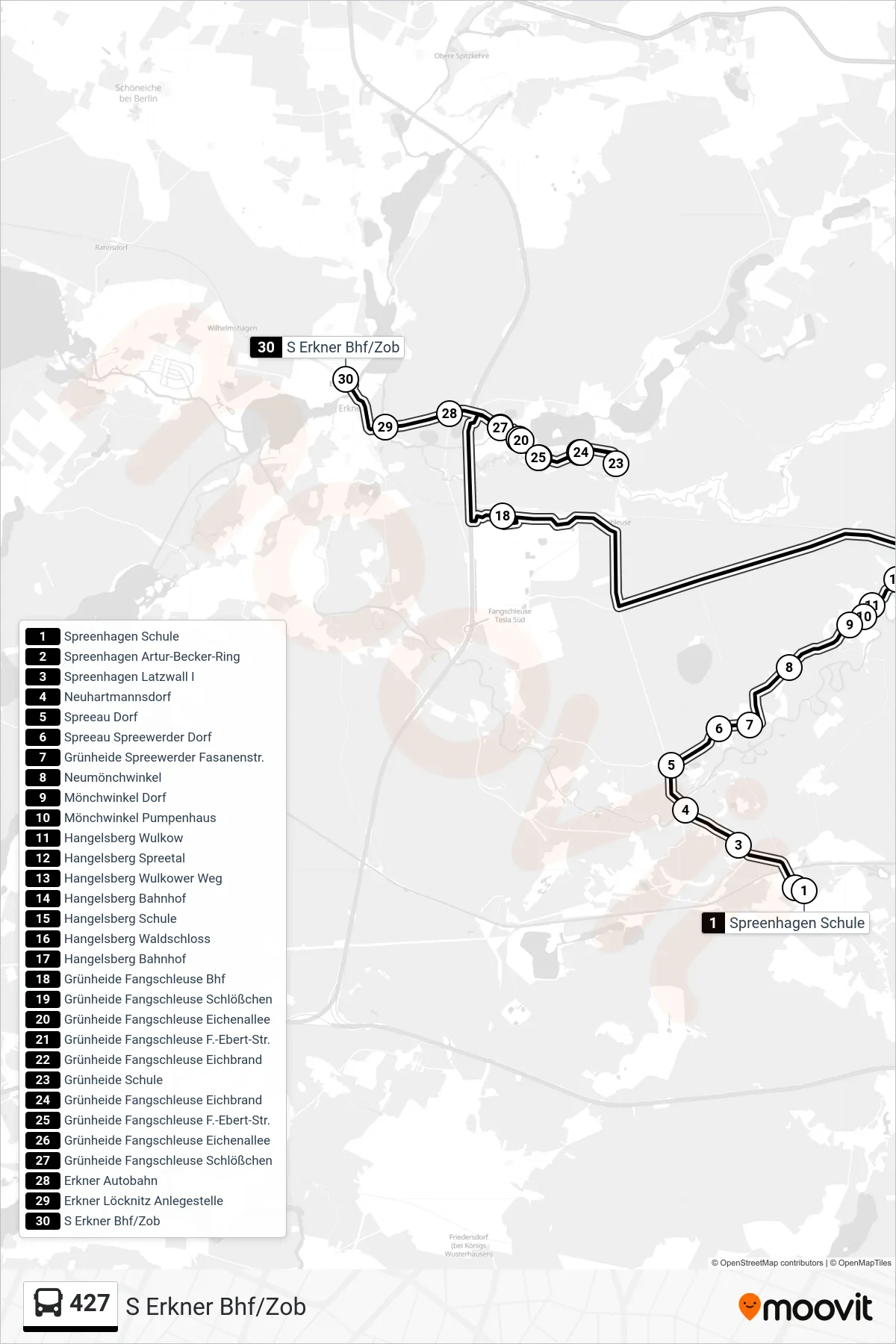 Linie 427 (Bus) Richtung S Erkner Bhf/Zob: Route und Haltestellen auf der Karte