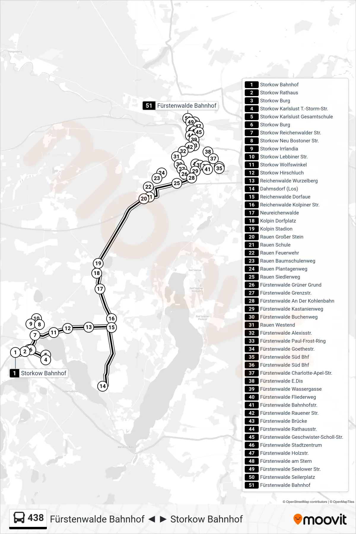 438 bus Line (Fürstenwalde Bahnhof) route and stops on a map