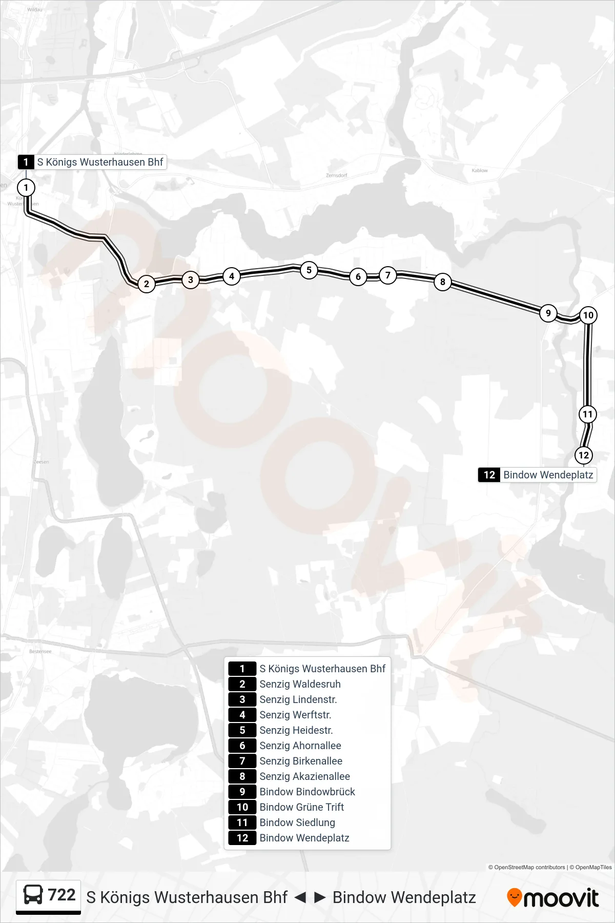 Linie 722 (Bus) Richtung Bindow Wendeplatz: Route und Haltestellen auf der Karte