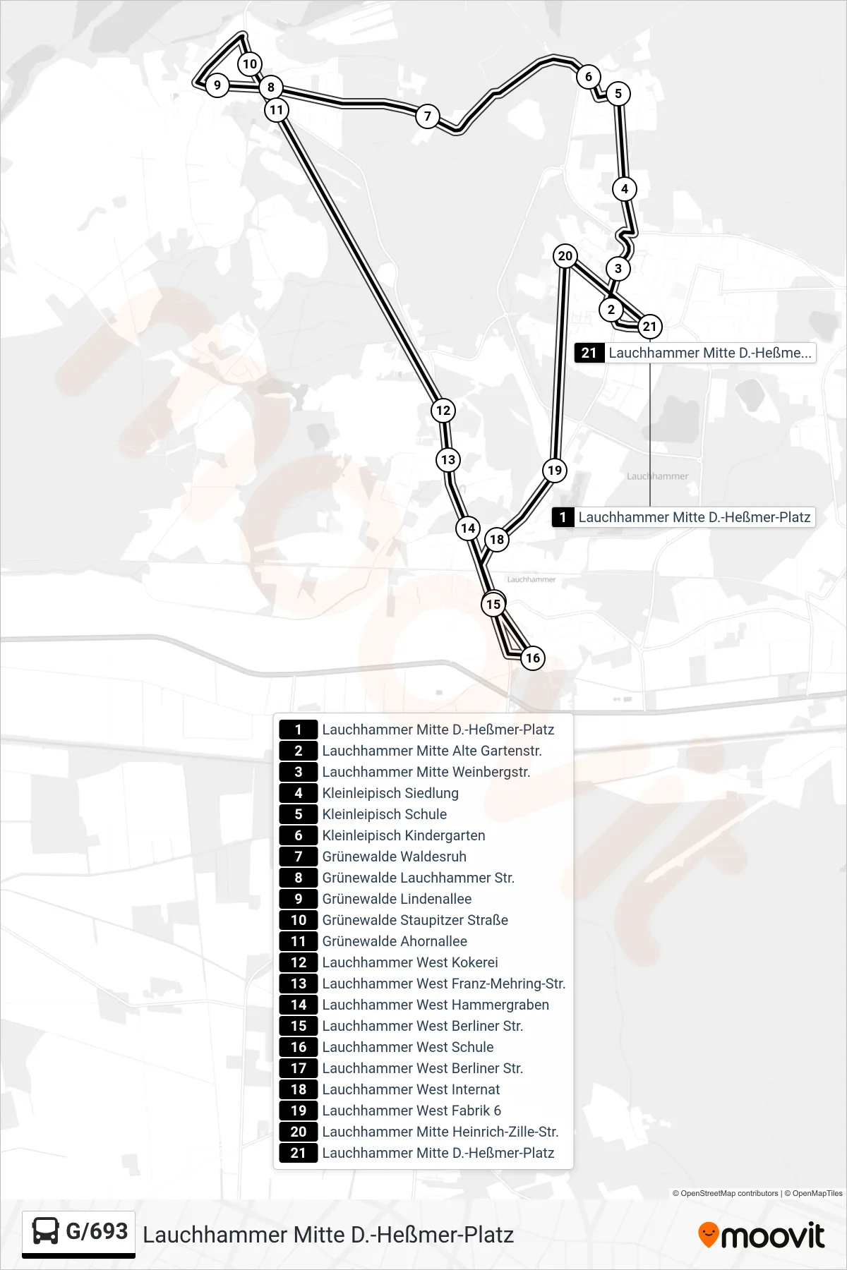 Linie G/693 (Bus) Richtung Lauchhammer Mitte D.-Heßmer-Platz: Route und Haltestellen auf der Karte