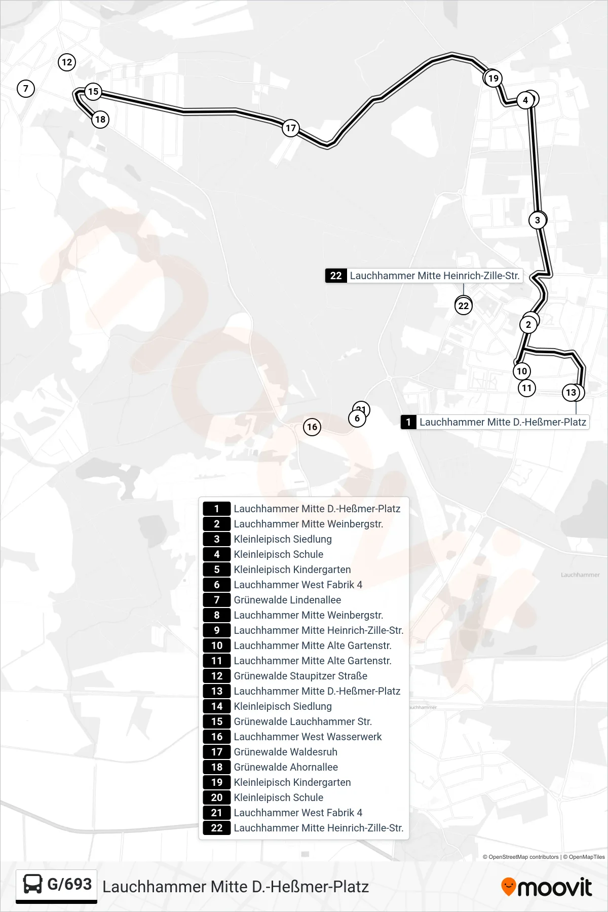 Linie G/693 (Bus) Richtung Lauchhammer Mitte D.-Heßmer-Platz: Route und Haltestellen auf der Karte
