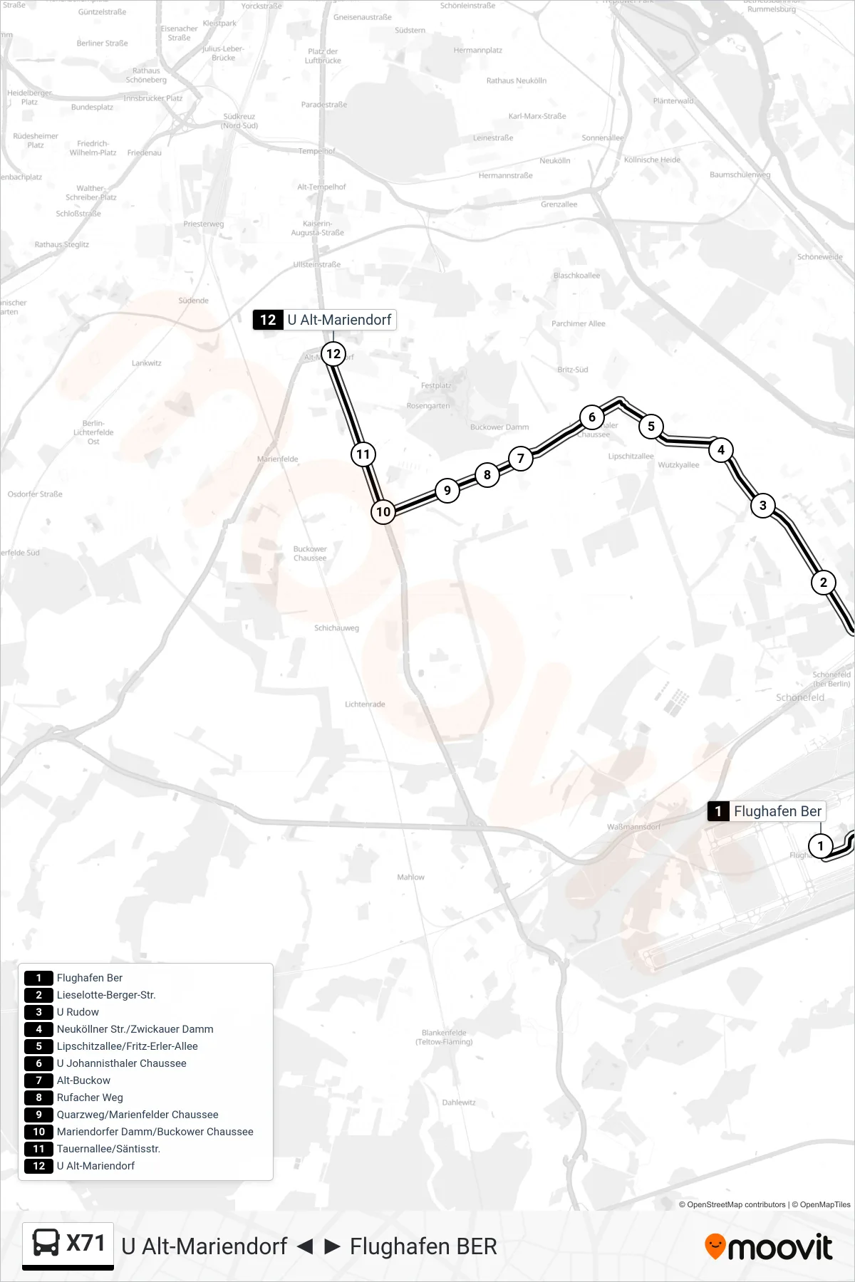 Linie X71 (Bus) Richtung U Alt-Mariendorf: Route und Haltestellen auf der Karte