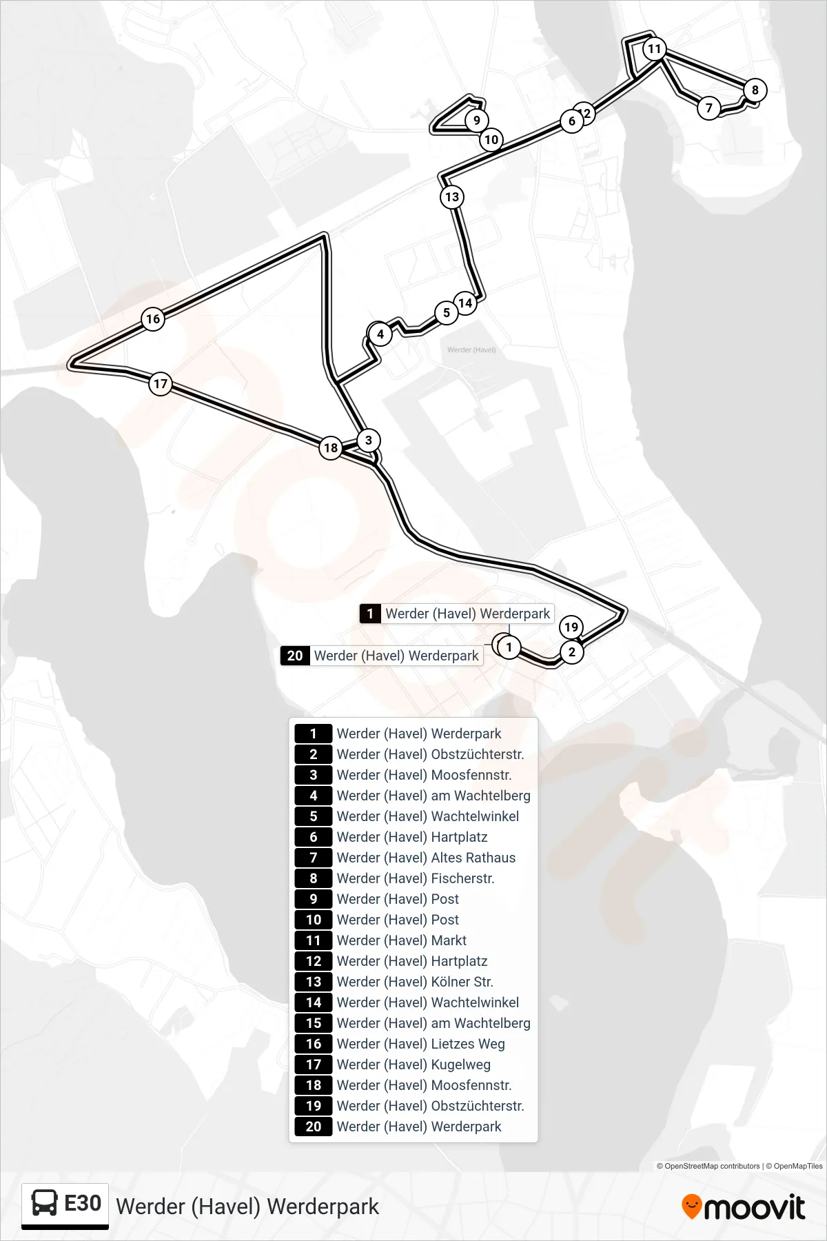 Linie E30 (Bus) Richtung Werder (Havel) Werderpark: Route und Haltestellen auf der Karte
