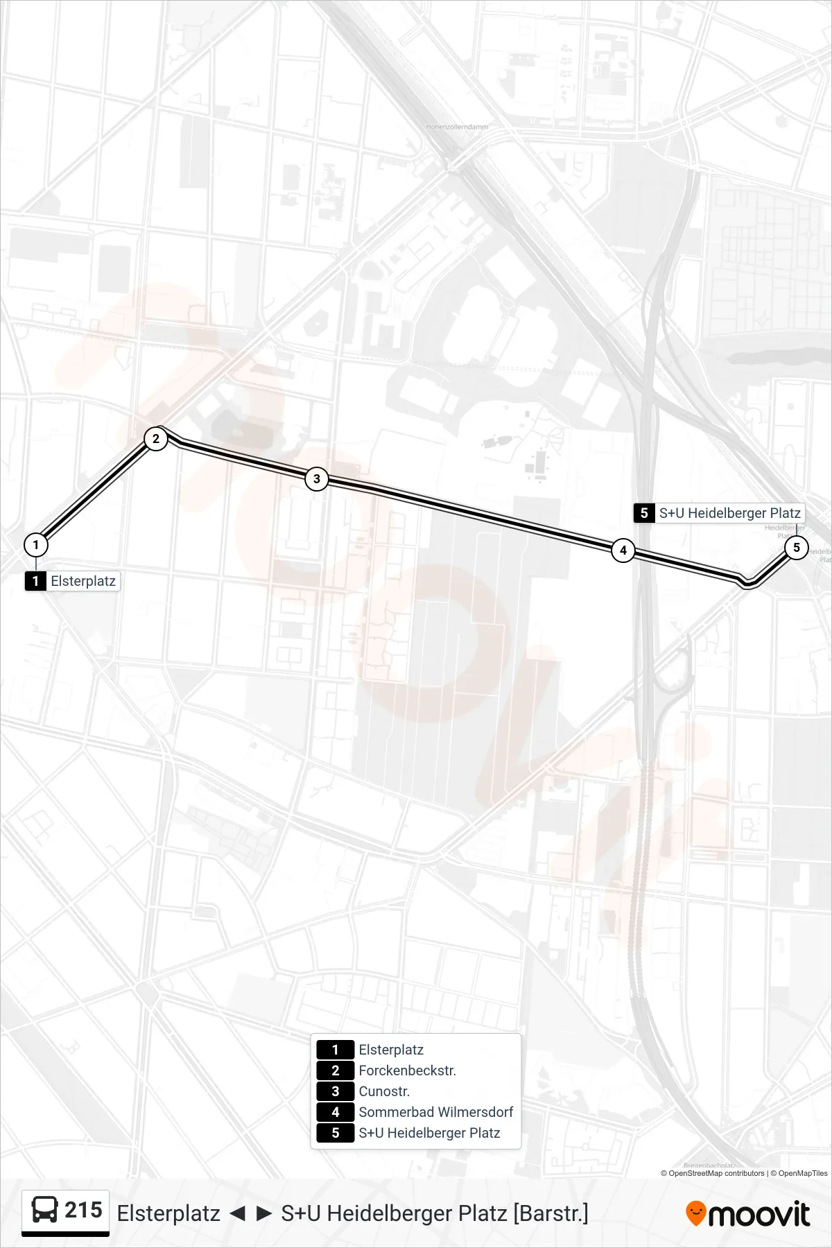 Linie 215 (Bus) Richtung S+U Heidelberger Platz: Route und Haltestellen auf der Karte