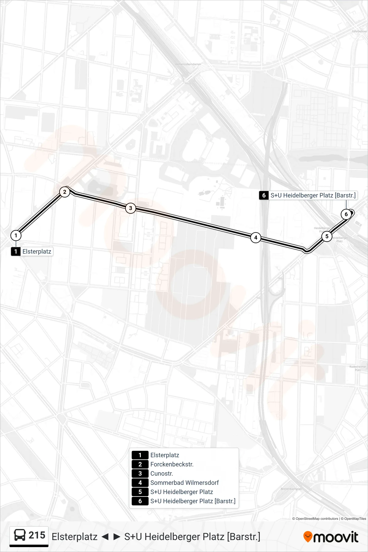 Linie 215 (Bus) Richtung S+U Heidelberger Platz [Barstr.]: Route und Haltestellen auf der Karte