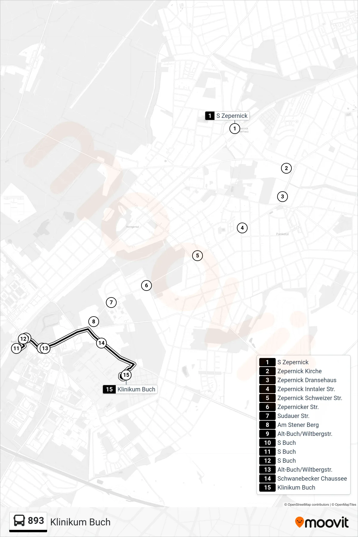 893 bus Line (Klinikum Buch) route and stops on a map