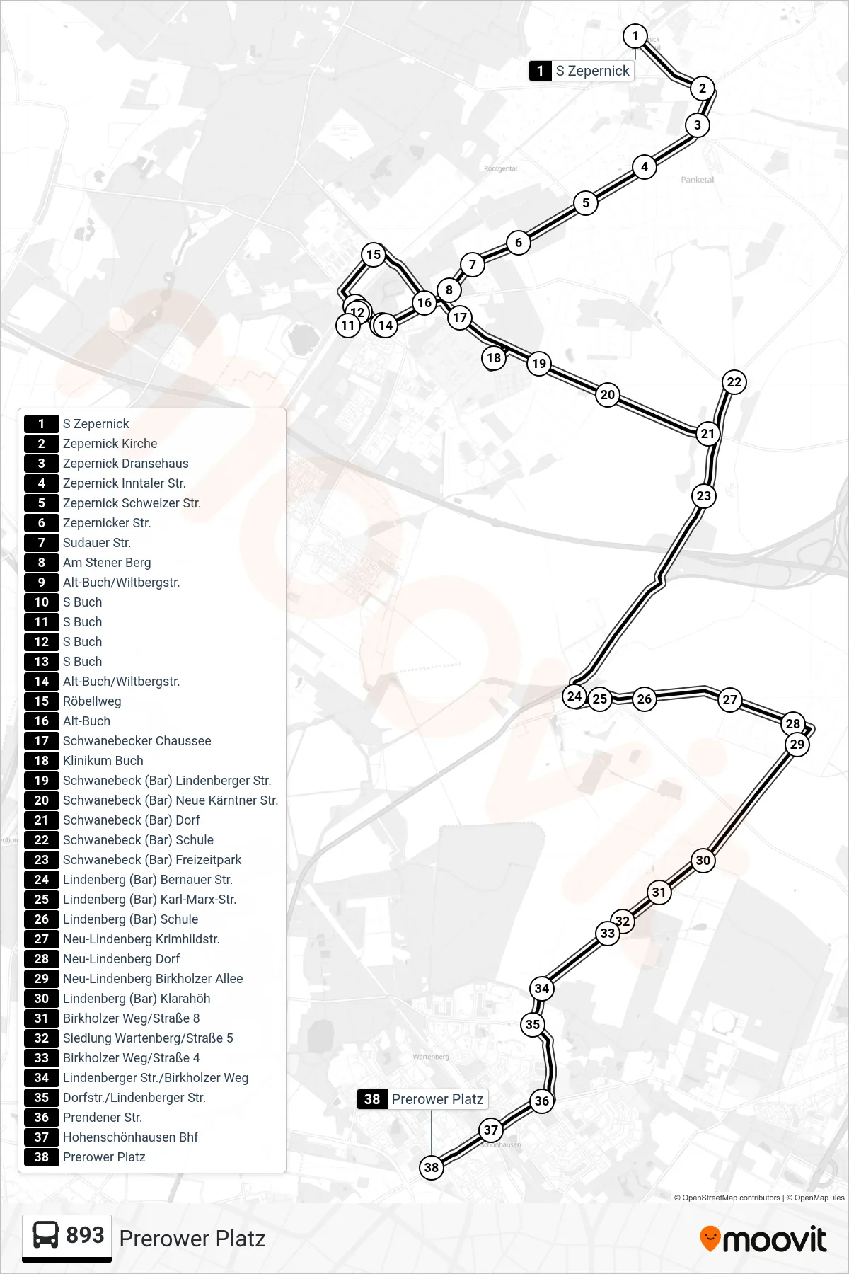 893 bus Line (Prerower Platz) route and stops on a map