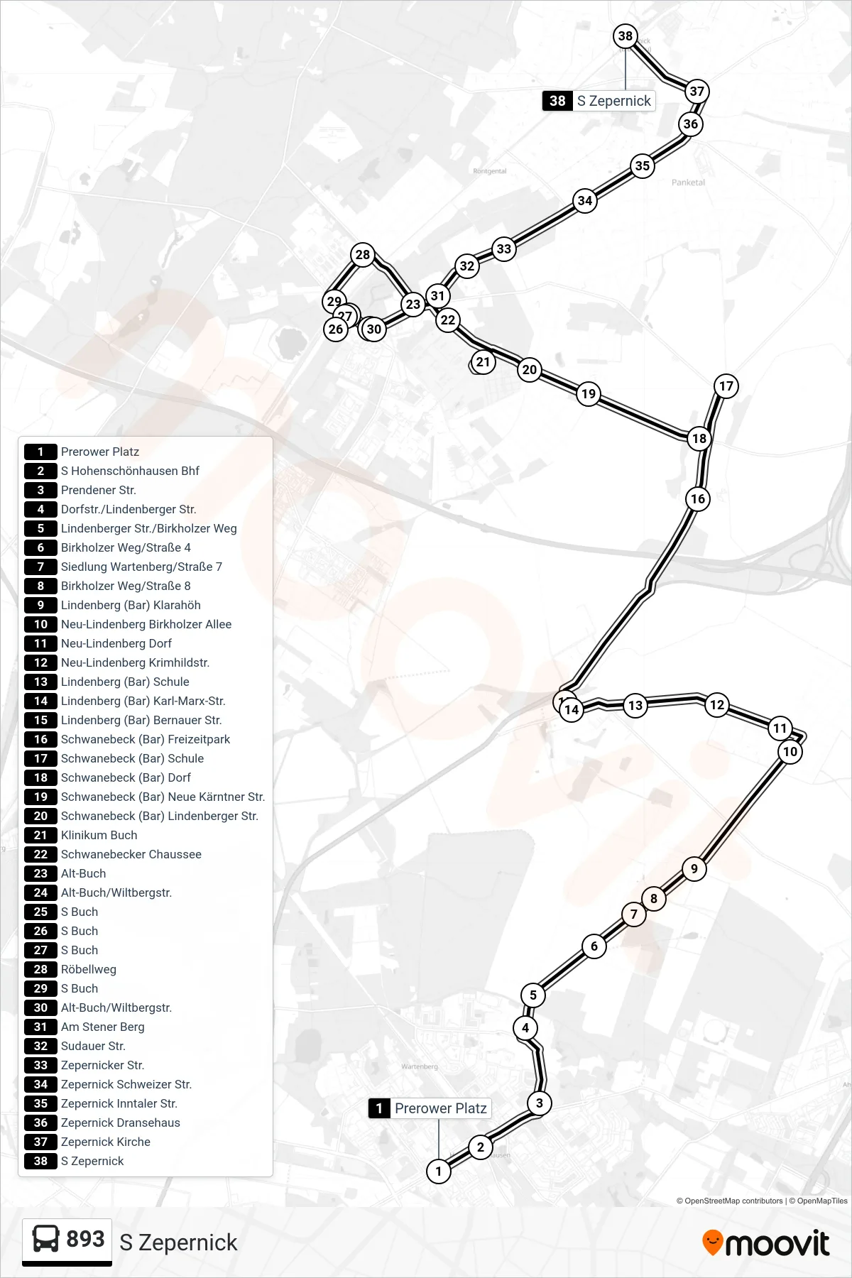 Linie 893 (Bus) Richtung S Zepernick: Route und Haltestellen auf der Karte