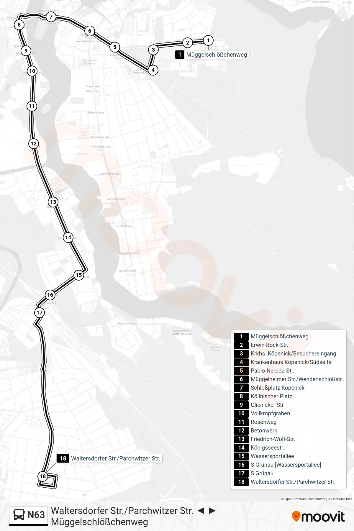 N63 bus Line (Waltersdorfer Str./Parchwitzer Str.) route and stops on a map