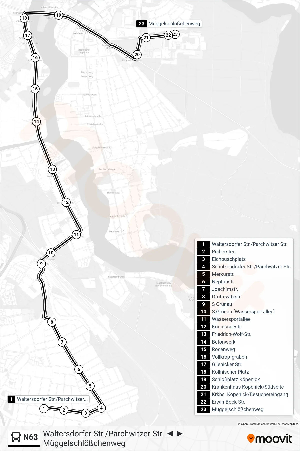 N63 bus Line (Müggelschlößchenweg) route and stops on a map