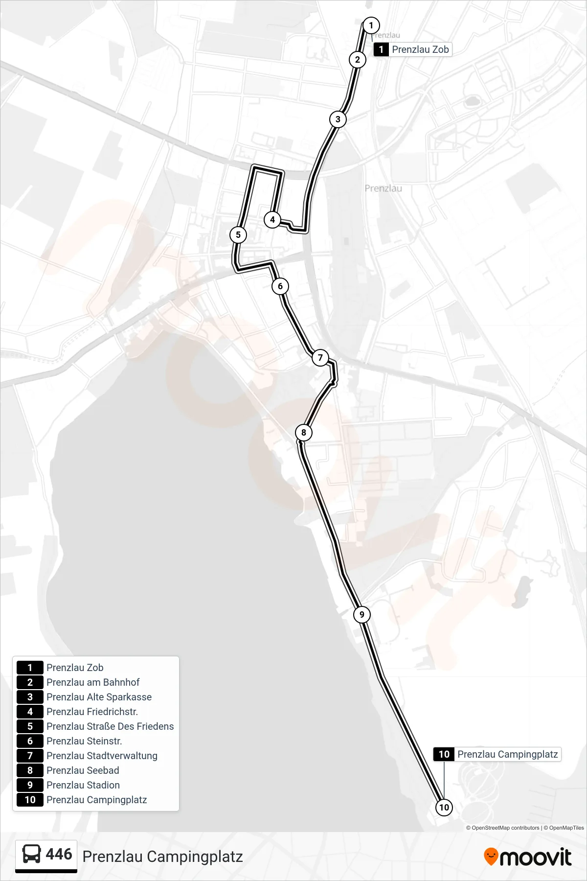 446 bus Line (Prenzlau Campingplatz) route and stops on a map