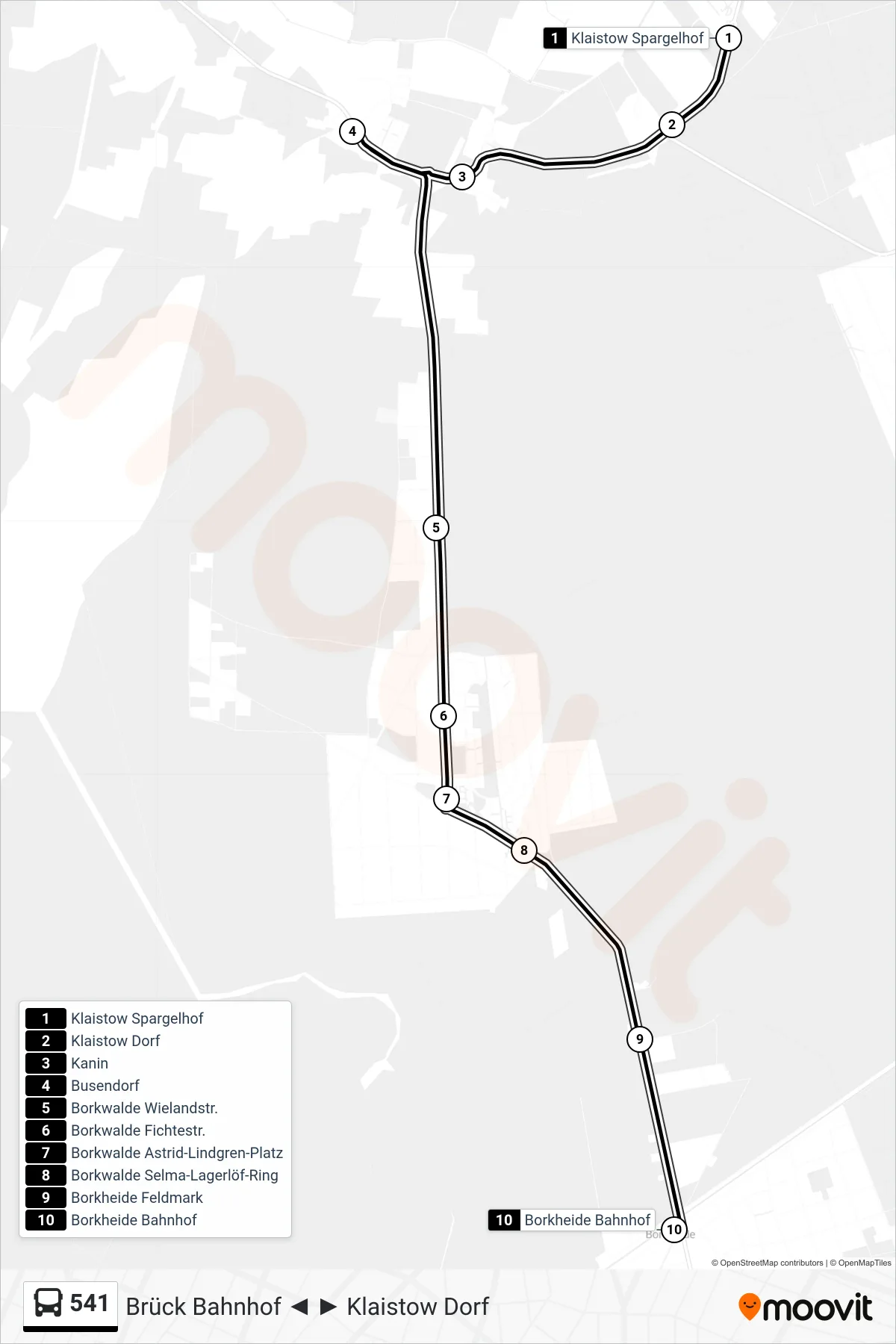541 bus Line (Borkheide Bahnhof) route and stops on a map