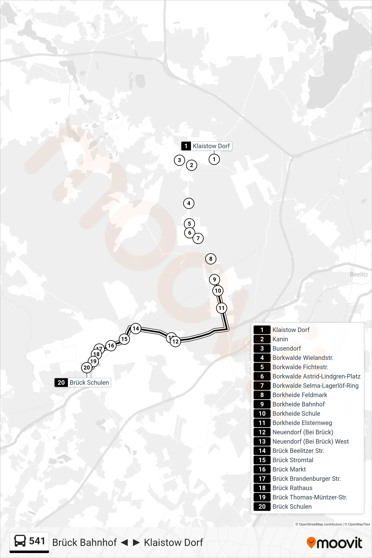 541 bus Line (Brück Schulen) route and stops on a map