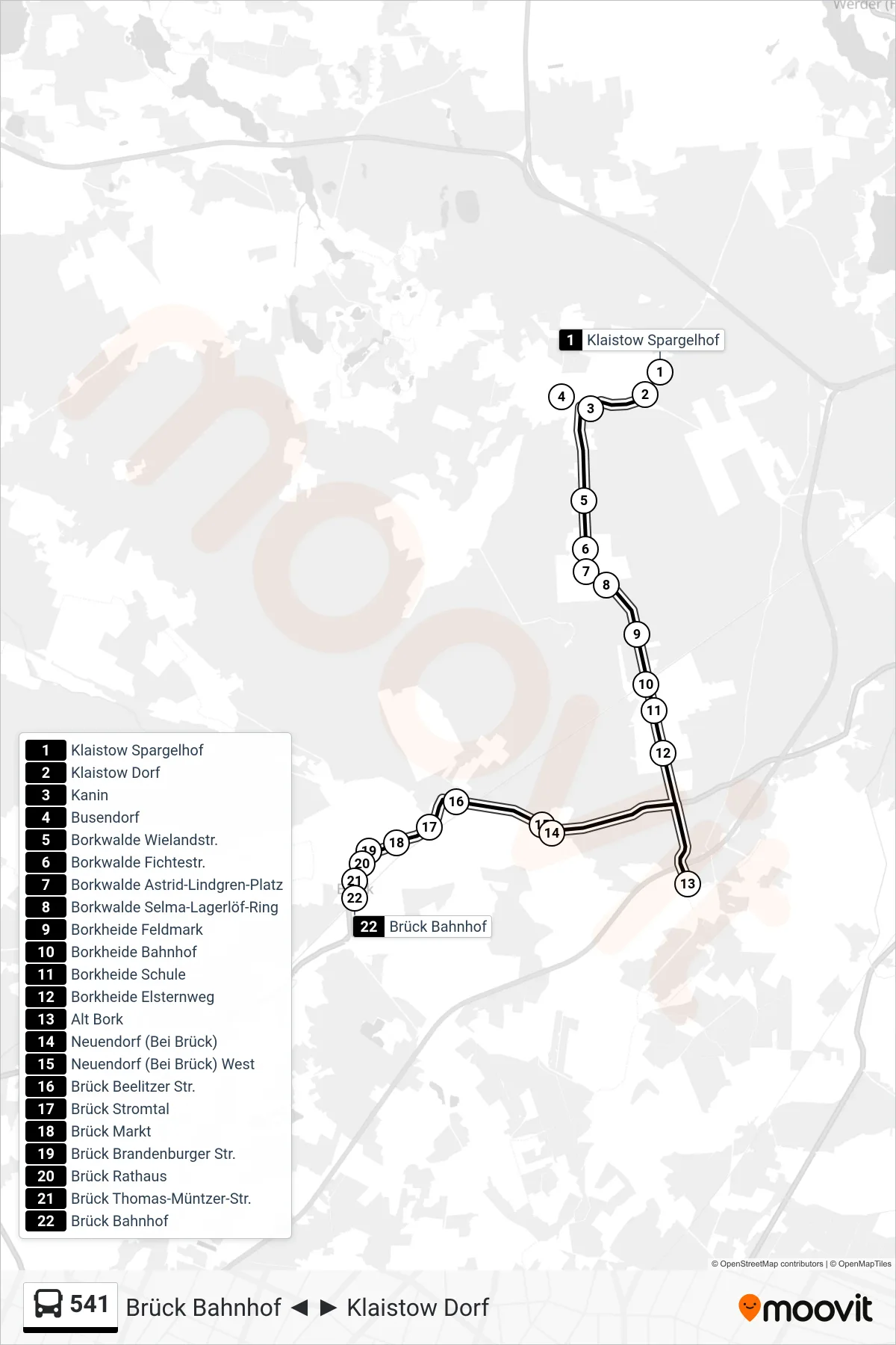 541 bus Line (Brück Bahnhof) route and stops on a map