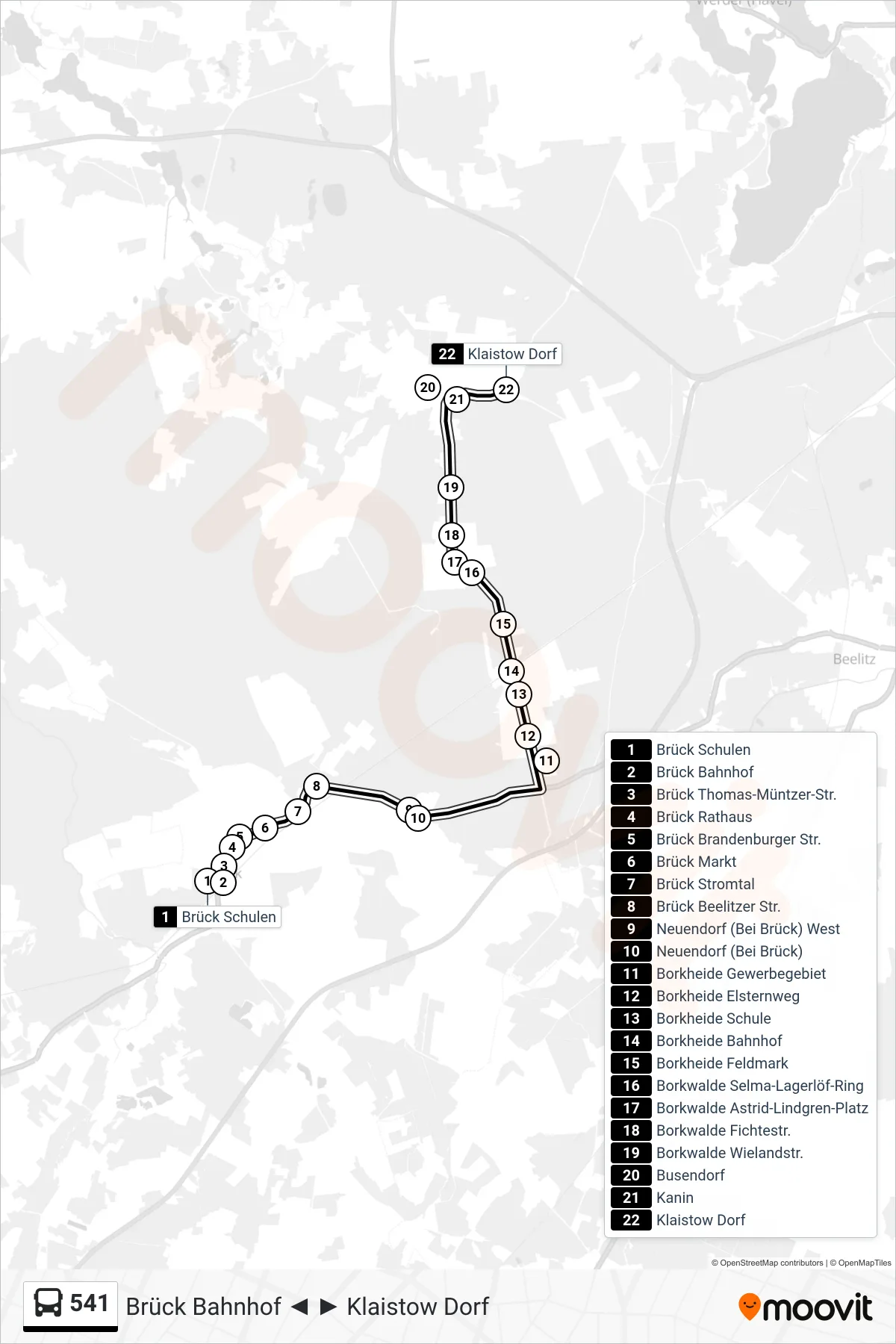 541 bus Line (Klaistow Dorf) route and stops on a map