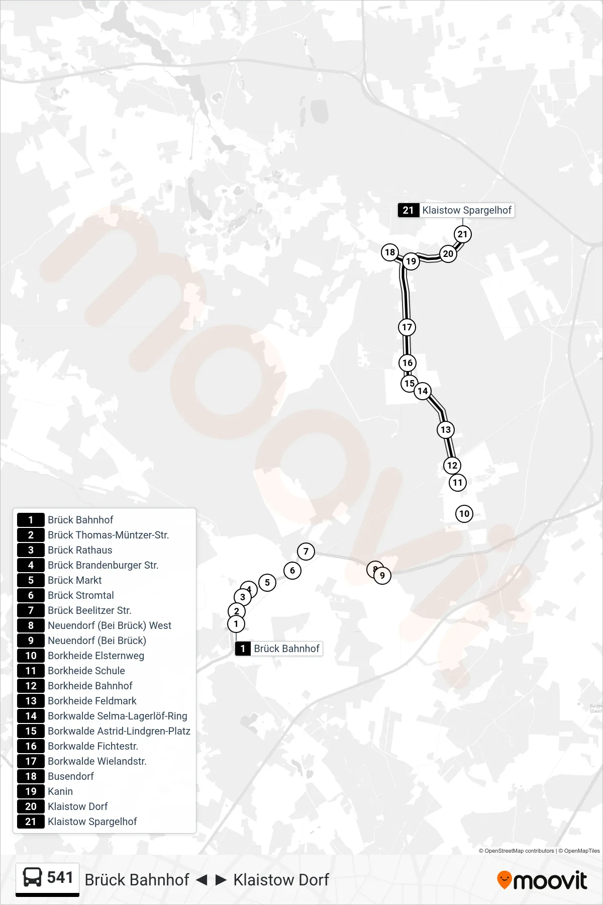 541 bus Line (Klaistow Spargelhof) route and stops on a map