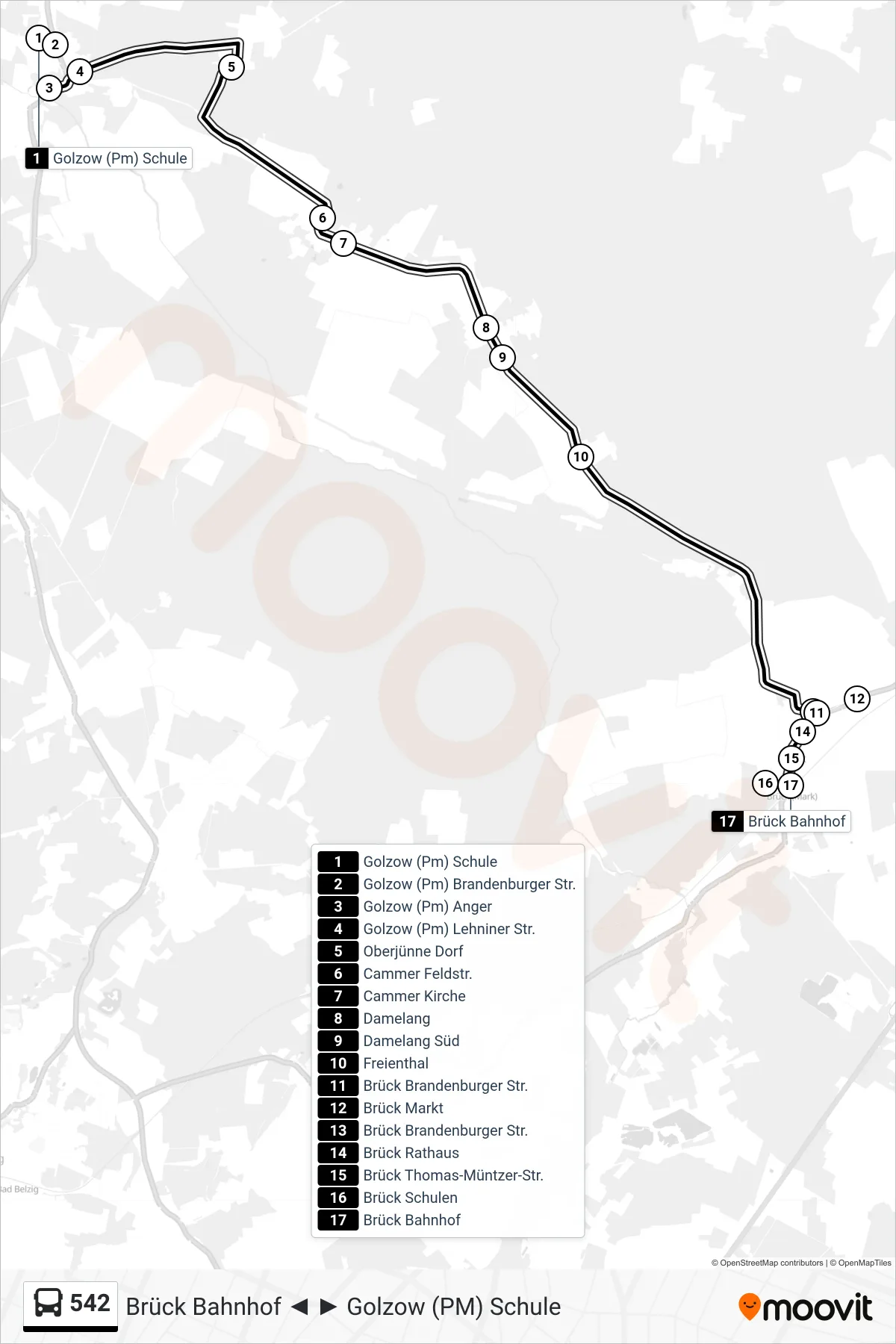 542 bus Line (Brück Bahnhof) route and stops on a map