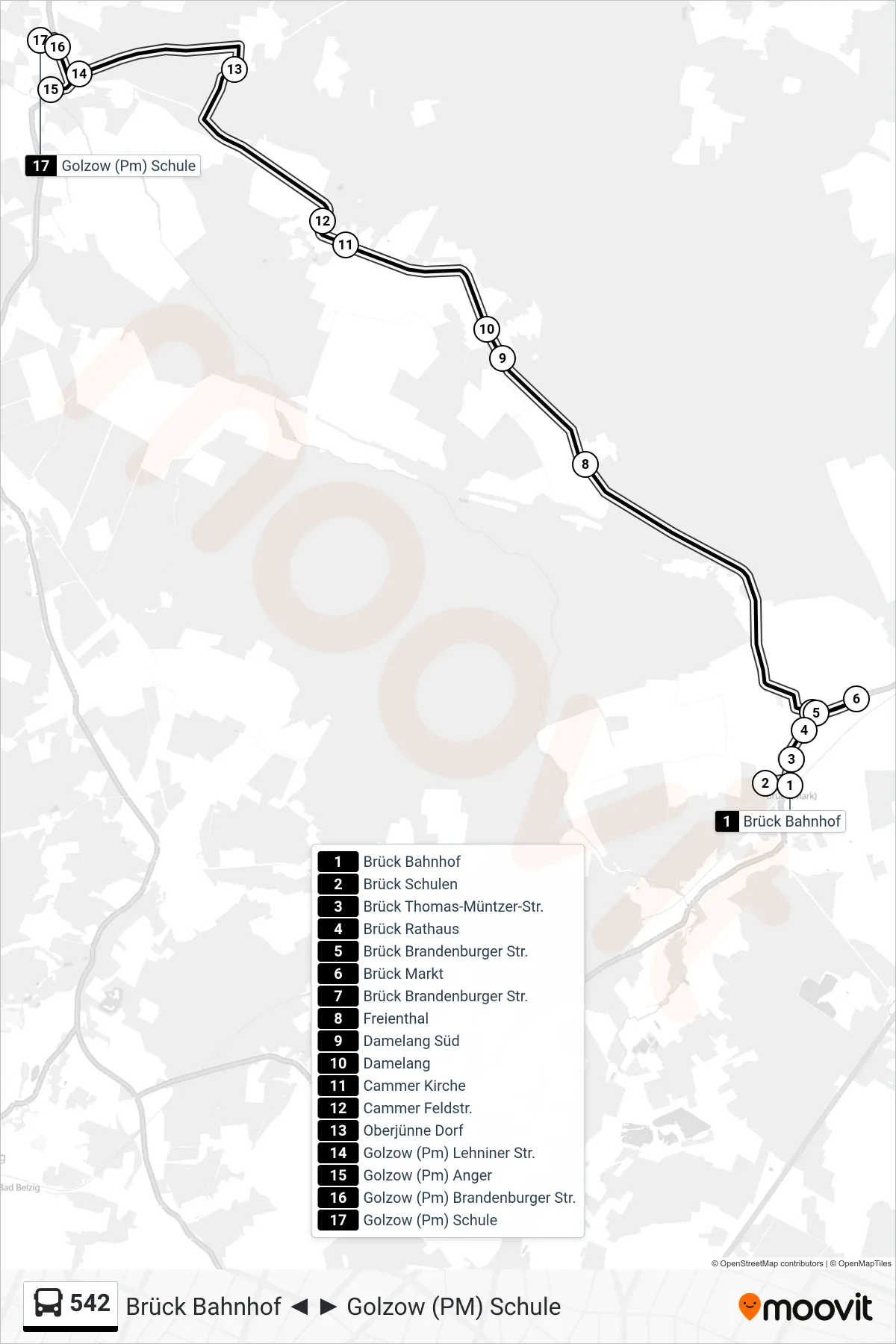 Linie 542 (Bus) Richtung Golzow (Pm) Schule: Route und Haltestellen auf der Karte