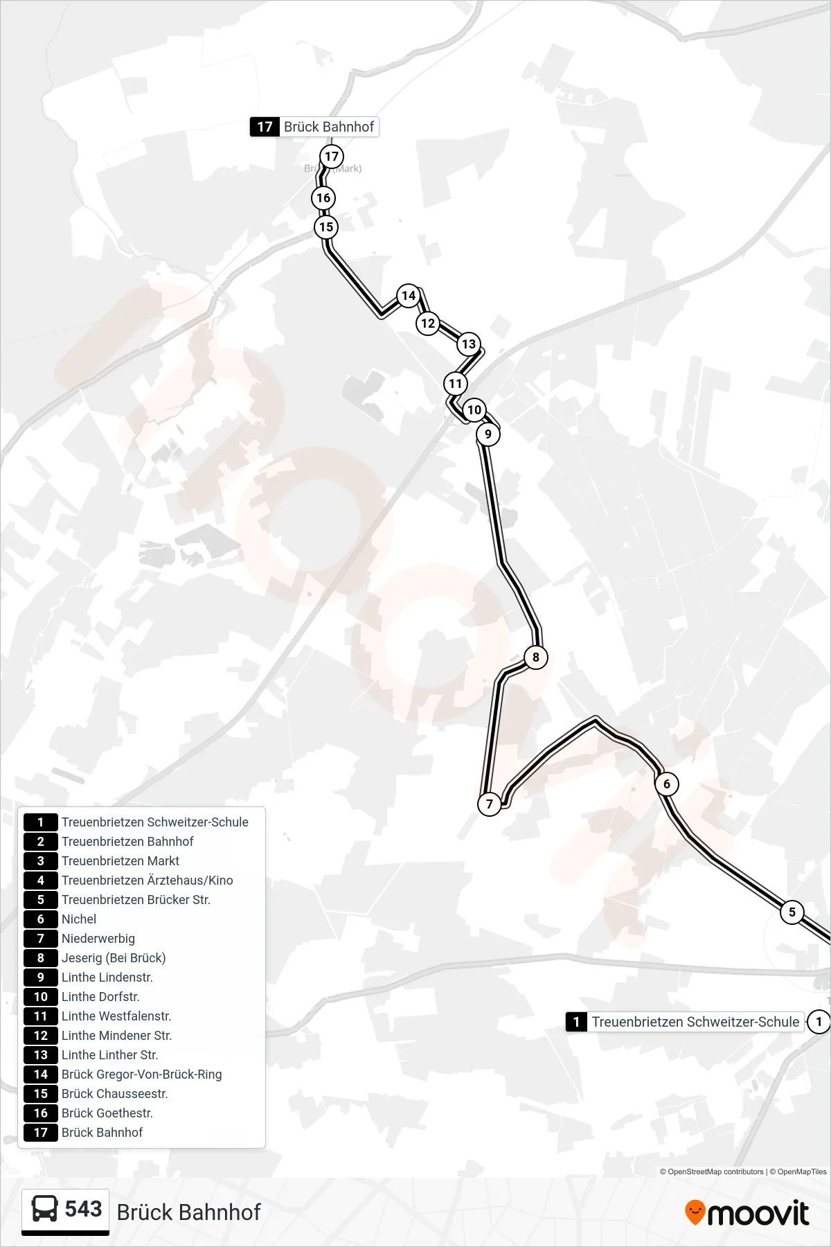 543 bus Line (Brück Bahnhof) route and stops on a map