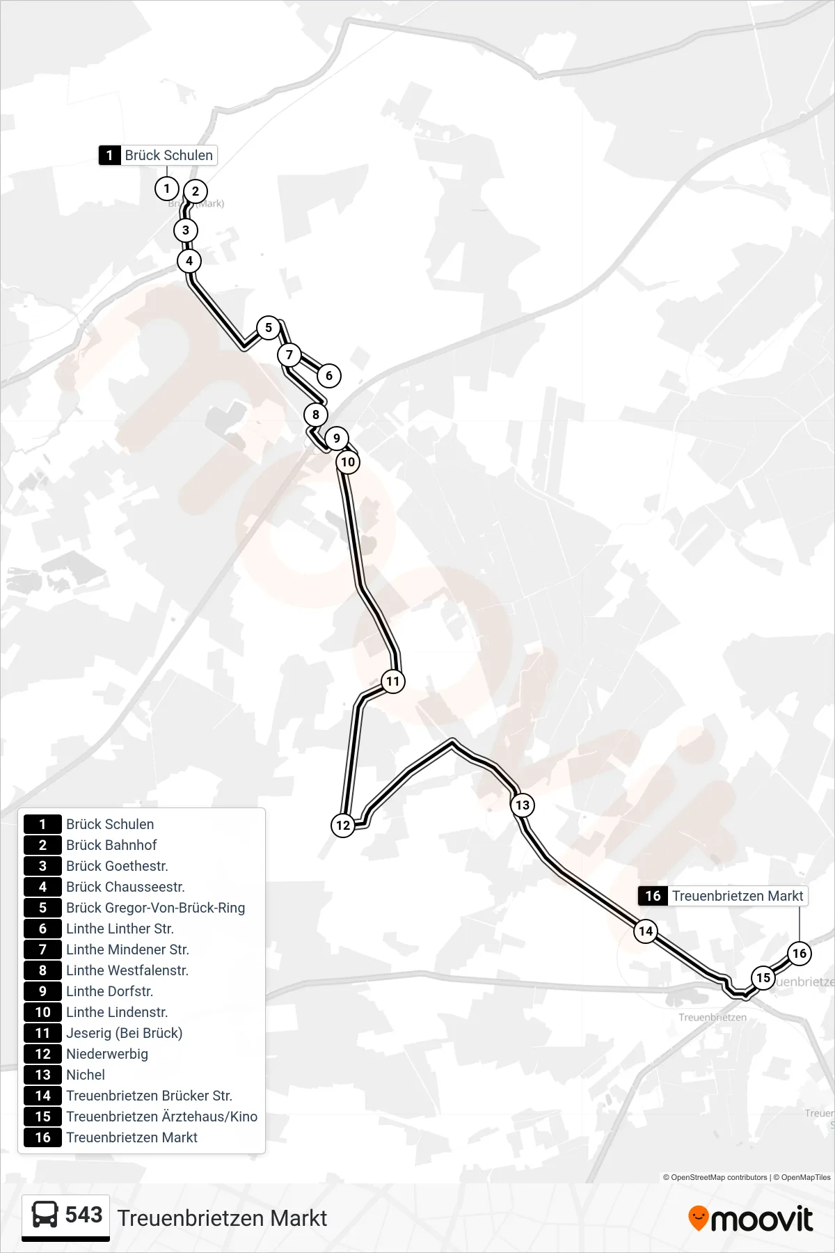 543 bus Line (Treuenbrietzen Markt) route and stops on a map