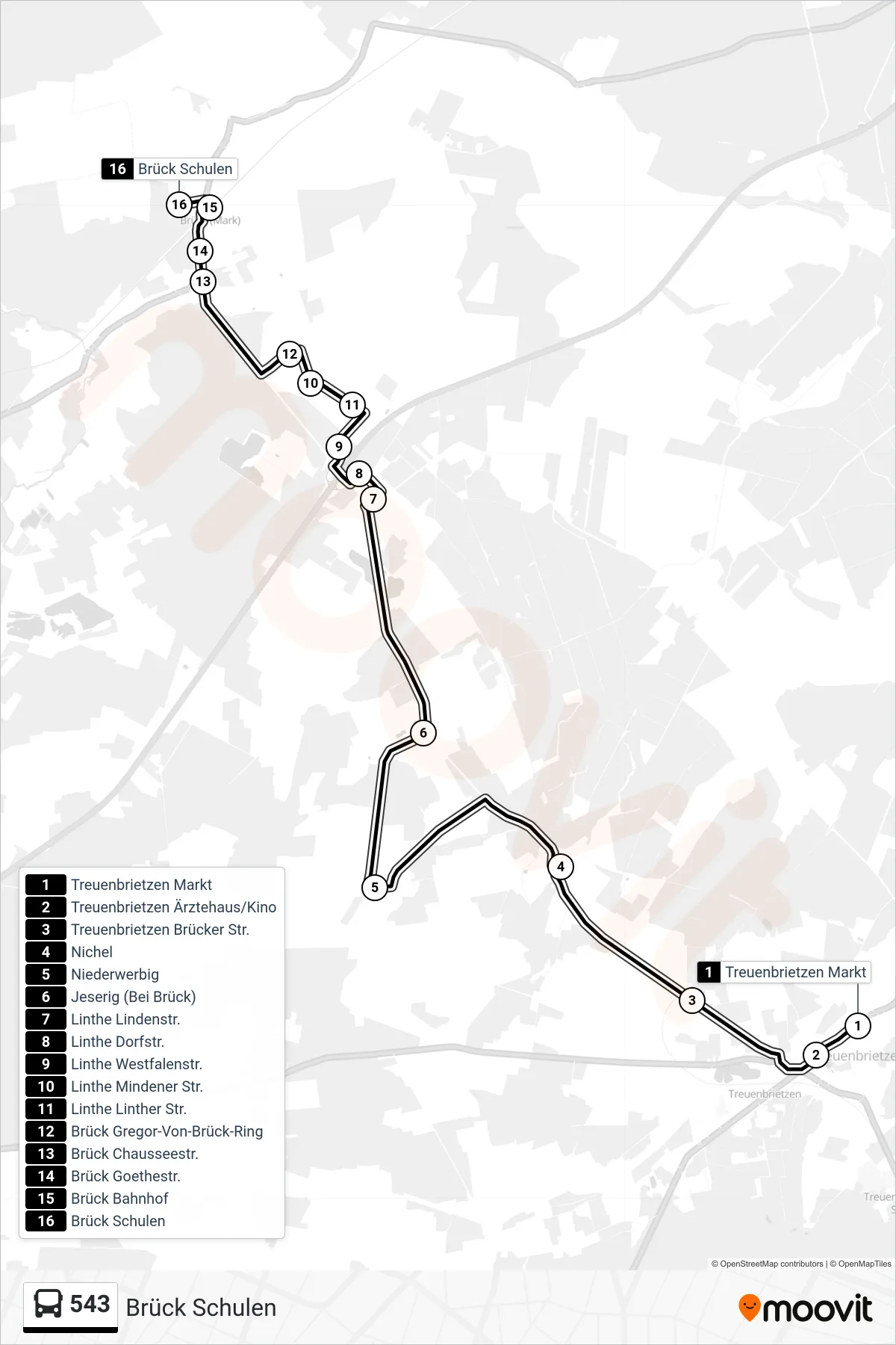 543 bus Line (Brück Schulen) route and stops on a map