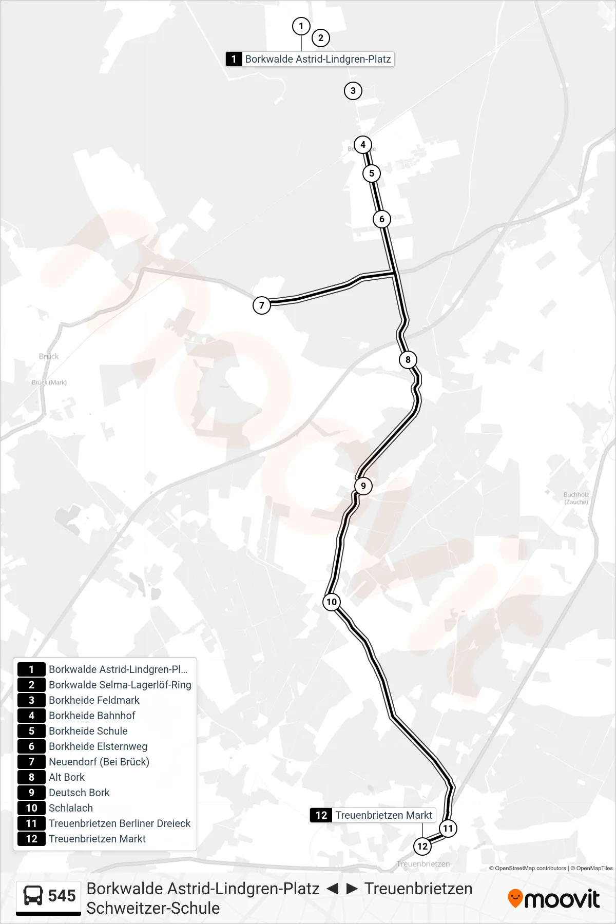 Linie 545 (Bus) Richtung Treuenbrietzen Markt: Route und Haltestellen auf der Karte