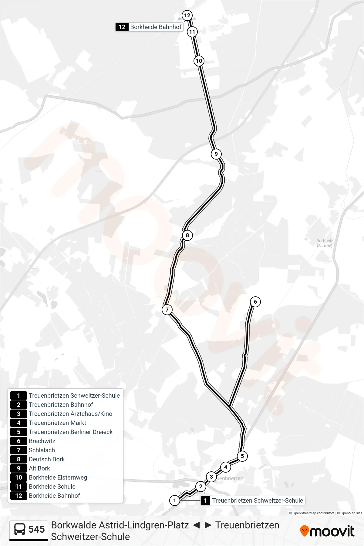 545 bus Line (Borkheide Bahnhof) route and stops on a map