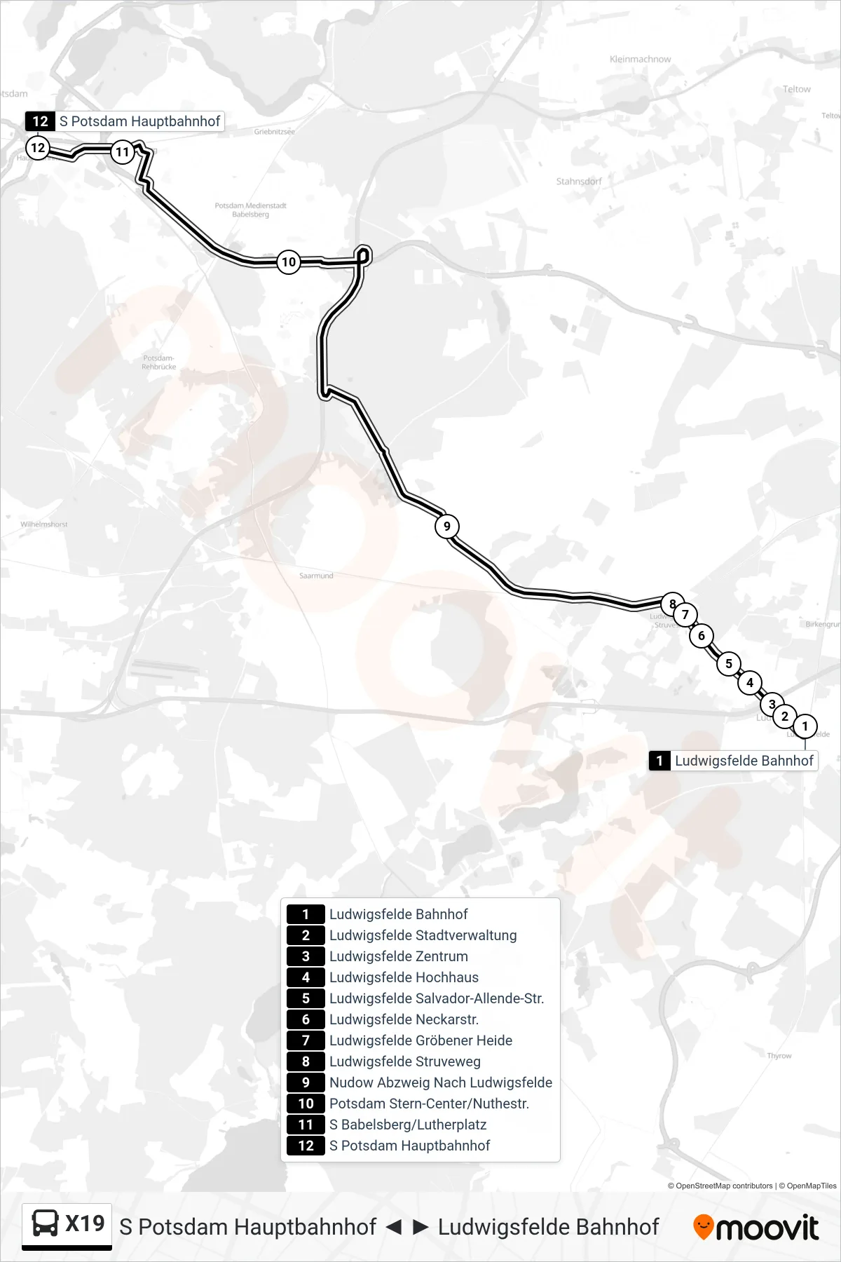 Linie X19 (Bus) Richtung S Potsdam Hauptbahnhof: Route und Haltestellen auf der Karte