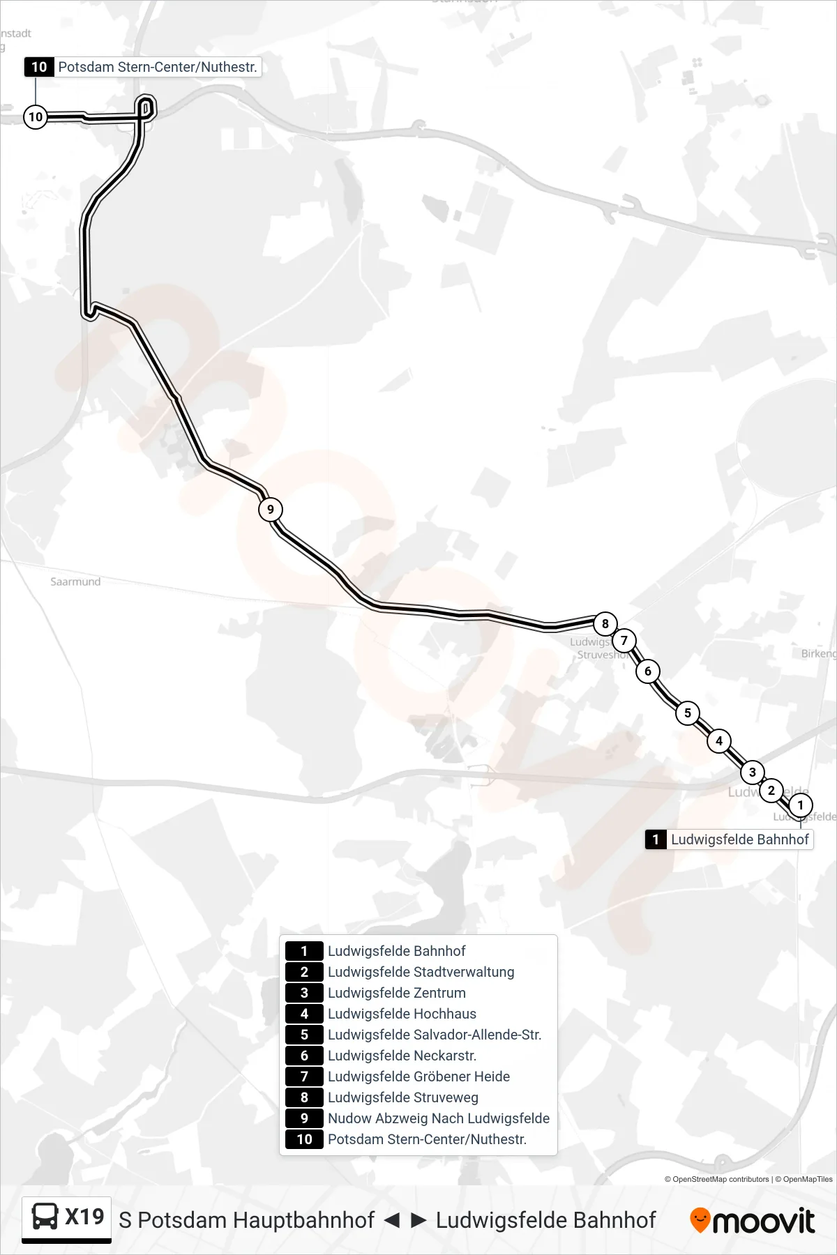 X19 bus Line (Potsdam Stern-Center/Nuthestr.) route and stops on a map