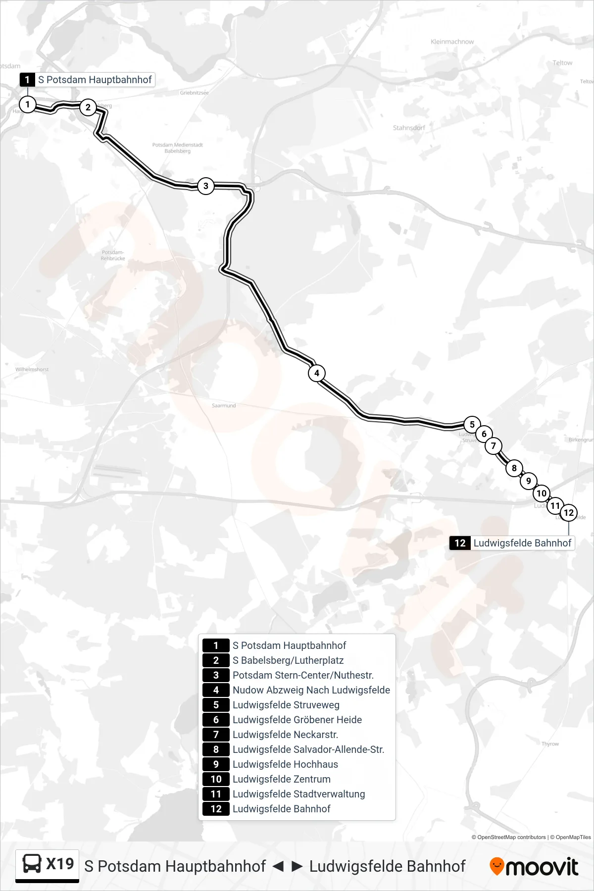 X19 bus Line (Ludwigsfelde Bahnhof) route and stops on a map