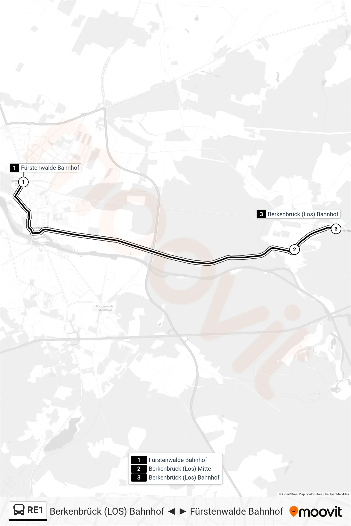 Linie RE1 (Bus) Richtung Berkenbrück (Los) Bahnhof: Route und Haltestellen auf der Karte