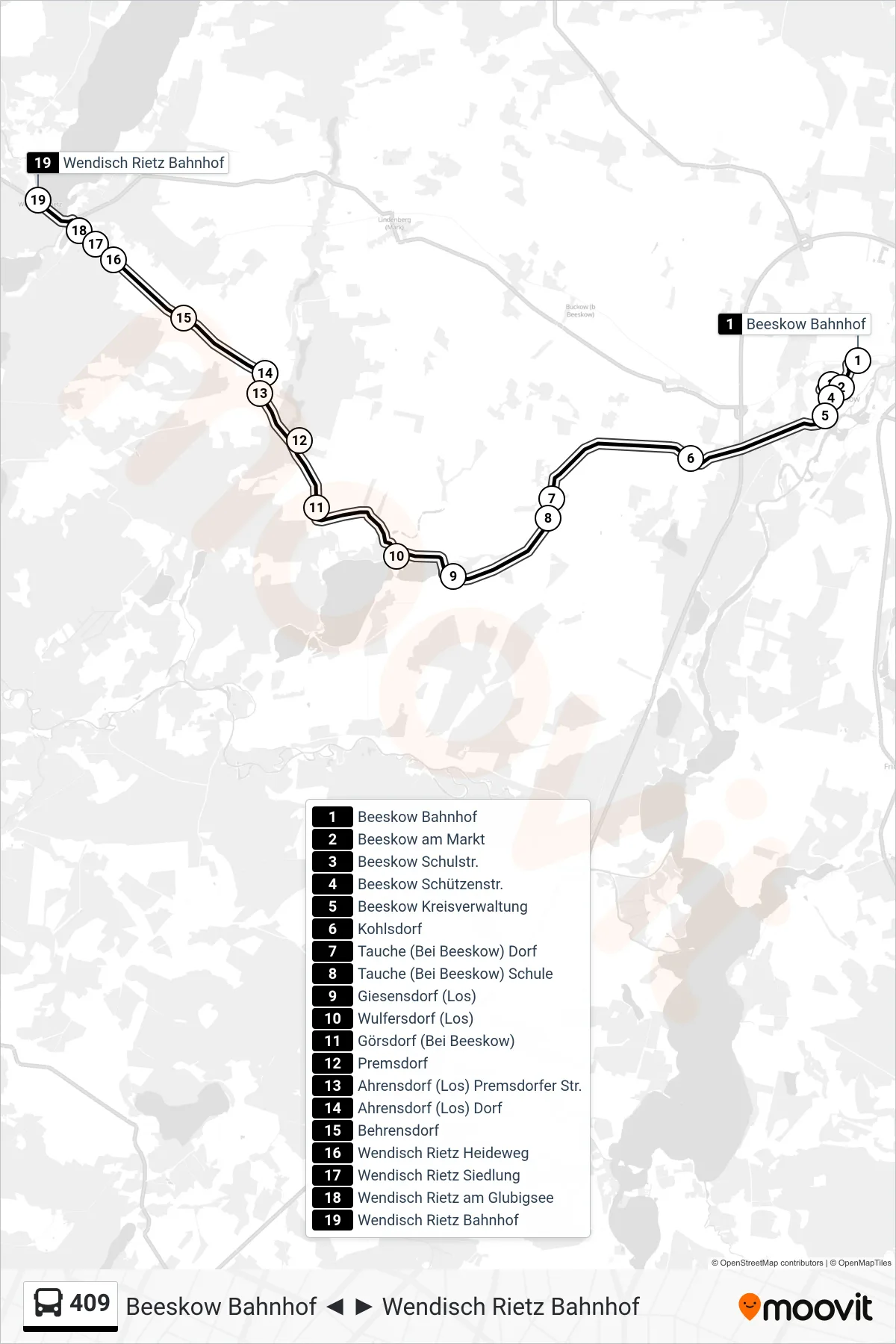 Linie 409 (Bus) Richtung Wendisch Rietz Bahnhof: Route und Haltestellen auf der Karte