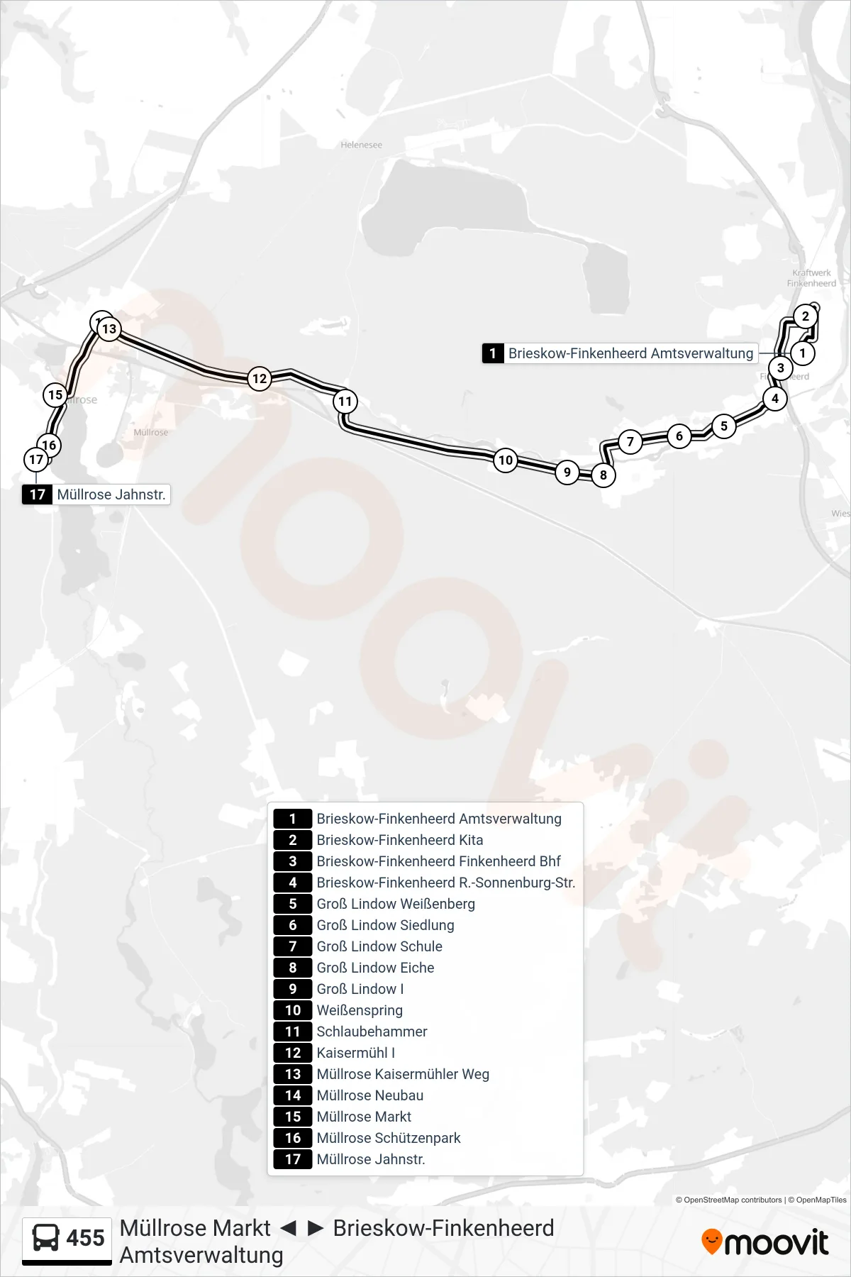 Linie 455 (Bus) Richtung Müllrose Jahnstr.: Route und Haltestellen auf der Karte