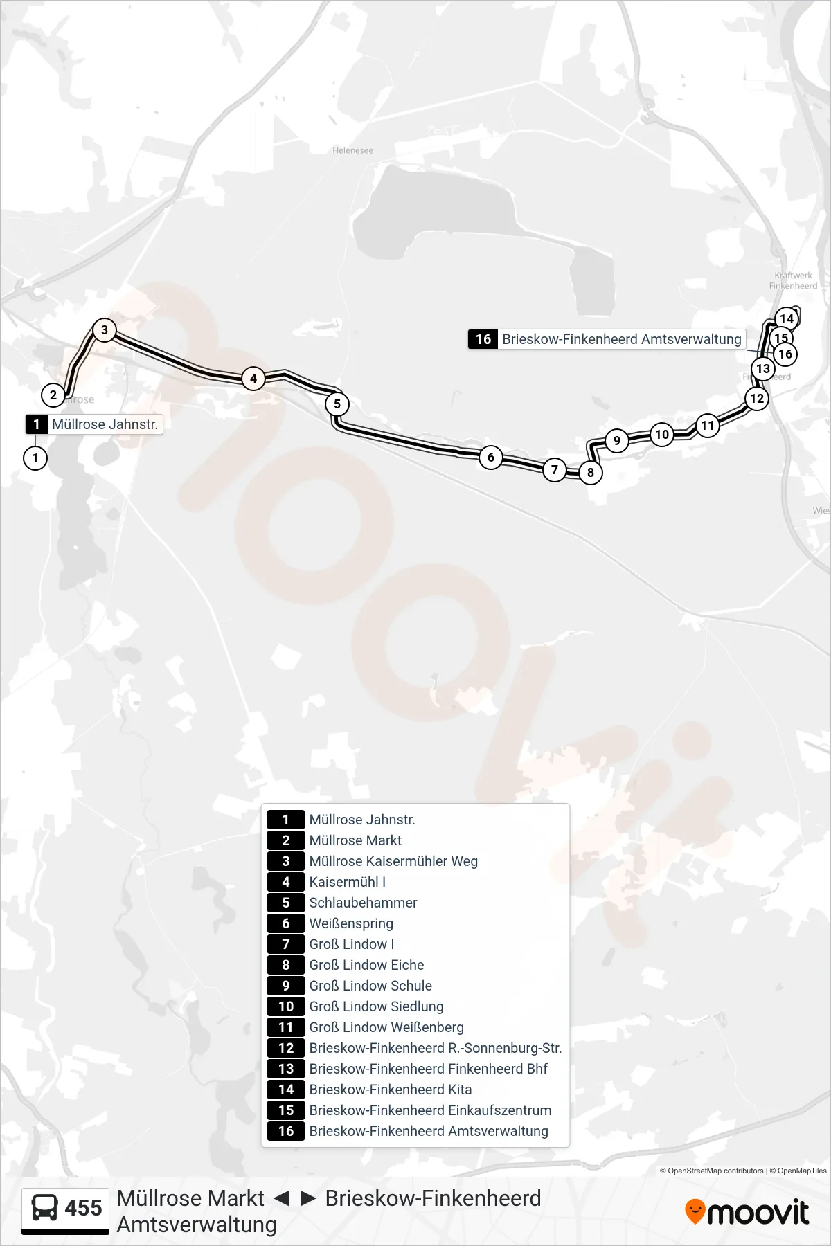 Linie 455 (Bus) Richtung Brieskow-Finkenheerd Amtsverwaltung: Route und Haltestellen auf der Karte