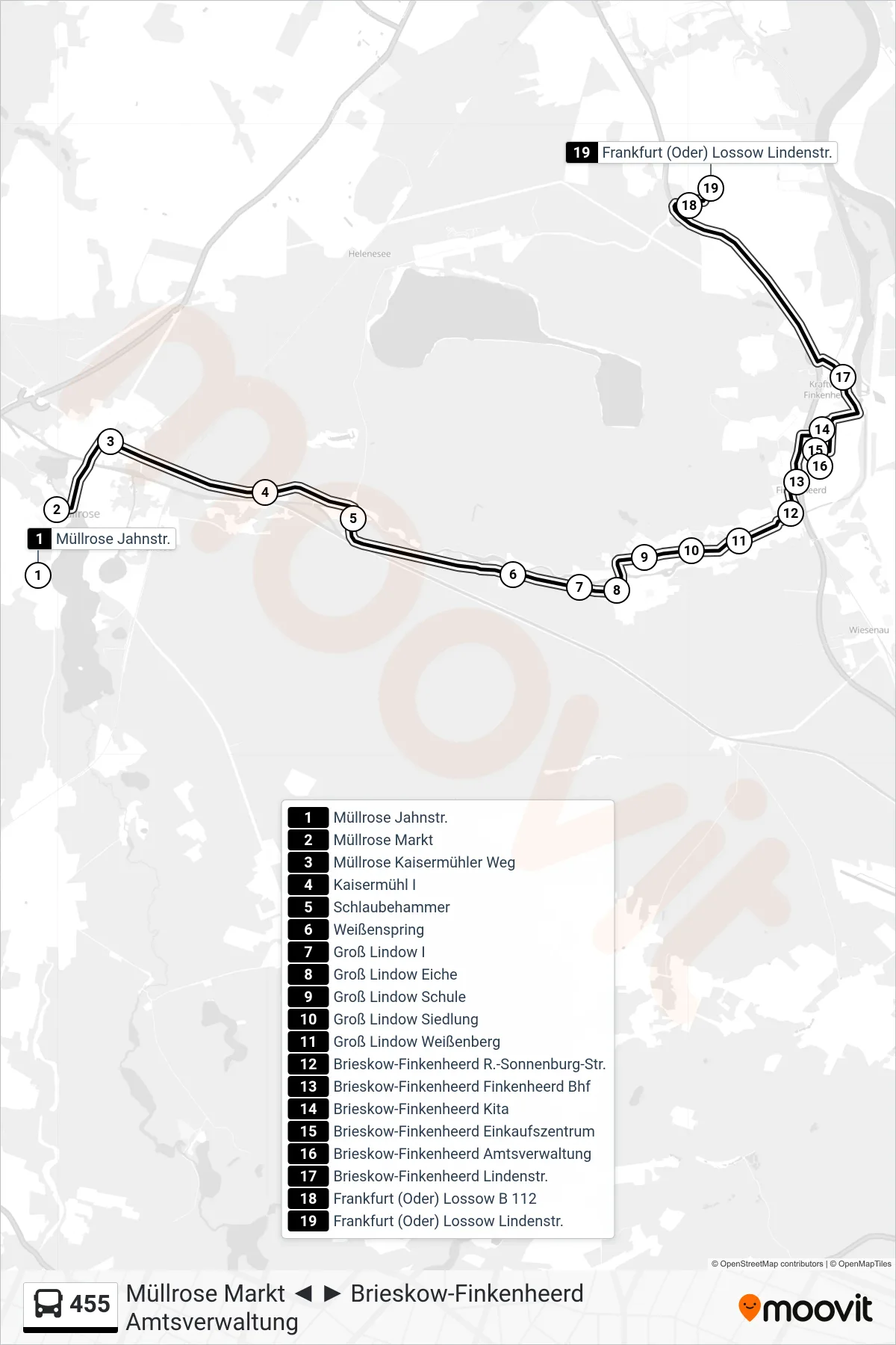 Linie 455 (Bus) Richtung Frankfurt (Oder) Lossow Lindenstr.: Route und Haltestellen auf der Karte