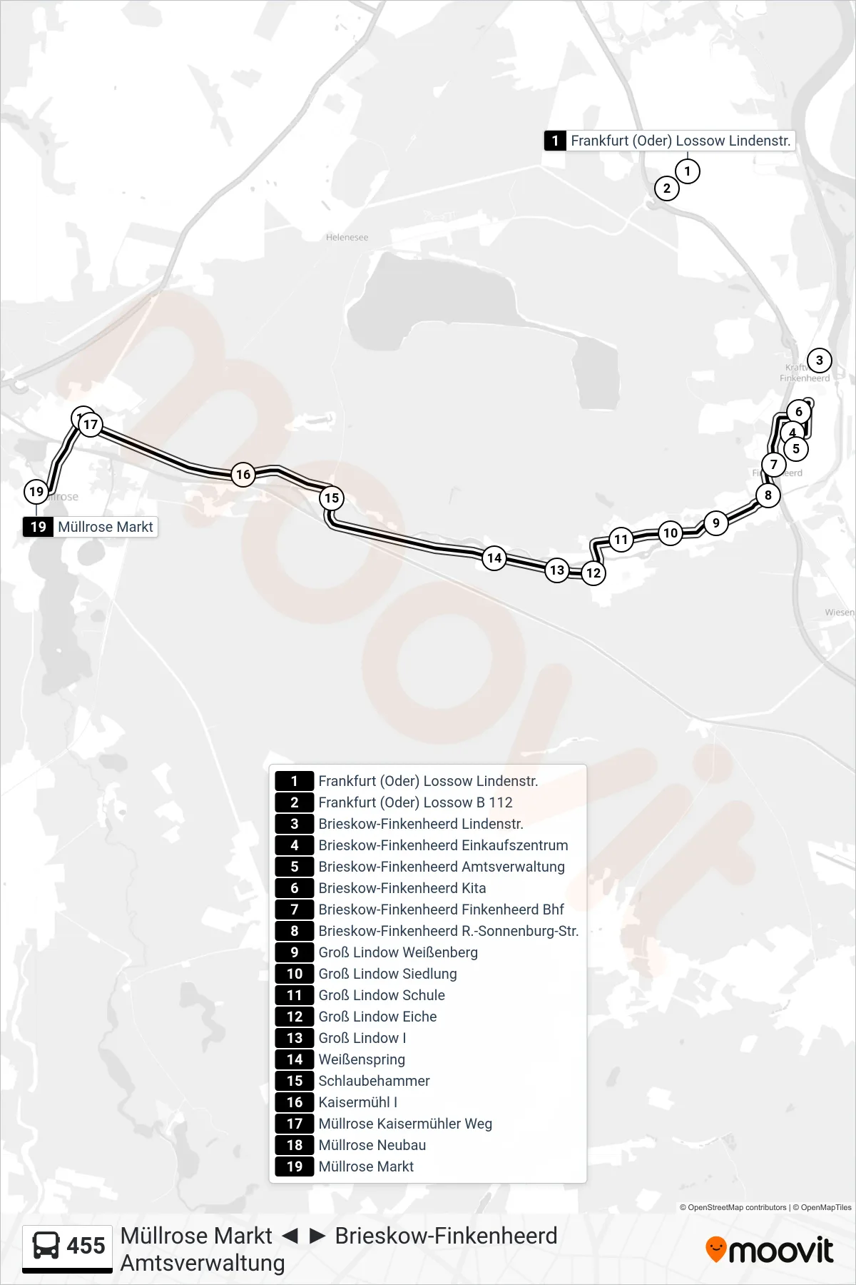 Linie 455 (Bus) Richtung Müllrose Markt: Route und Haltestellen auf der Karte