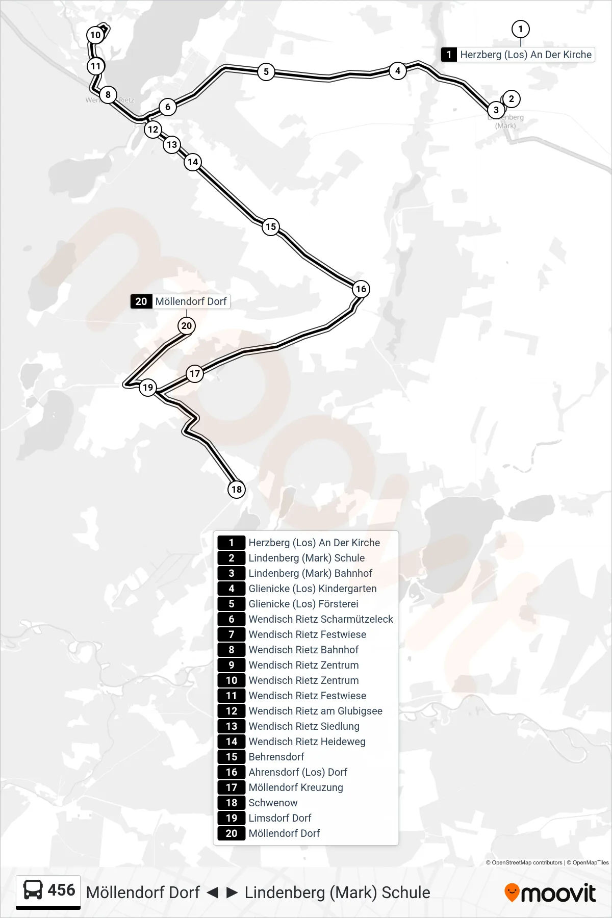 Linie 456 (Bus) Richtung Möllendorf Dorf: Route und Haltestellen auf der Karte