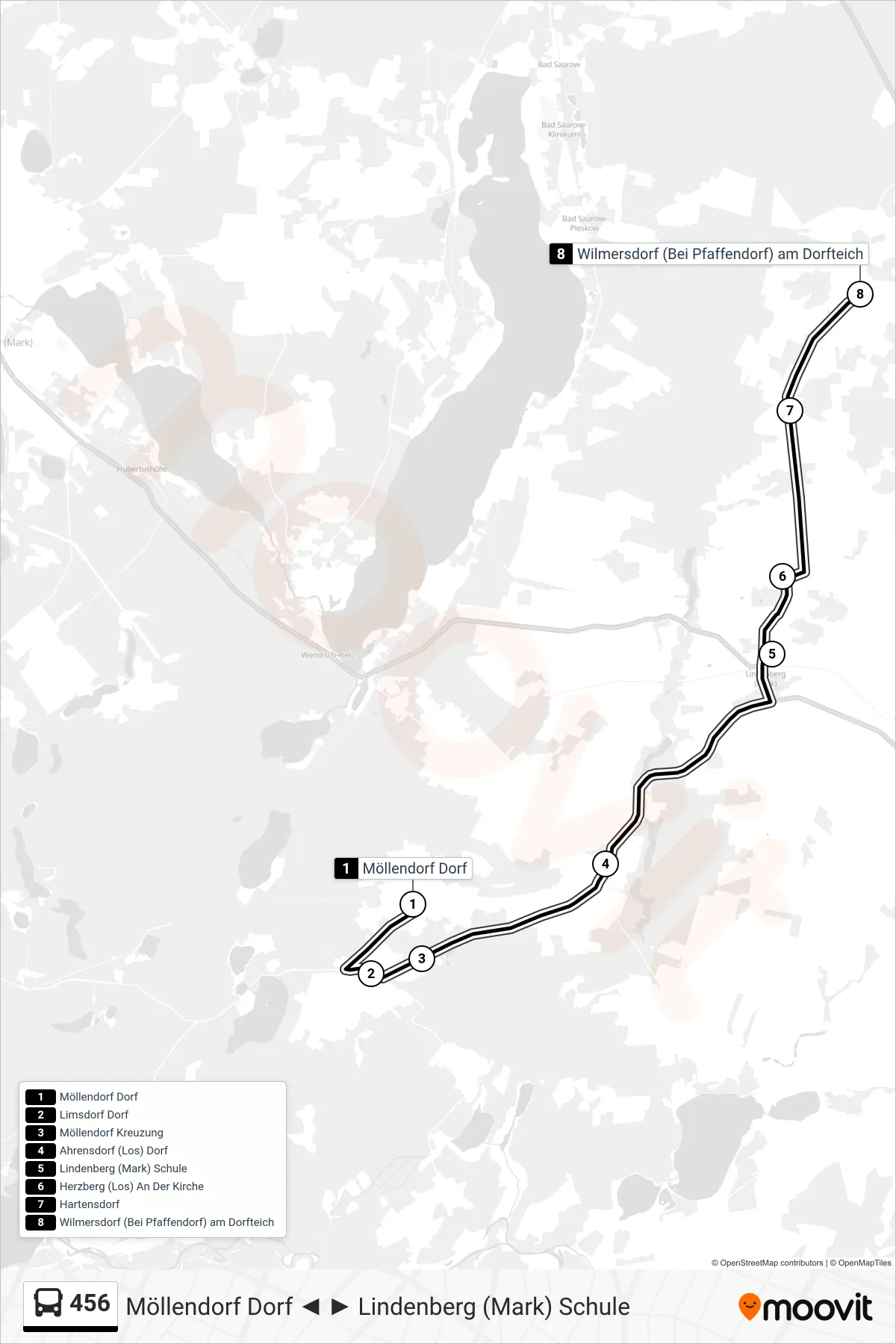 456 bus Line (Wilmersdorf (Bei Pfaffendorf) am Dorfteich) route and stops on a map